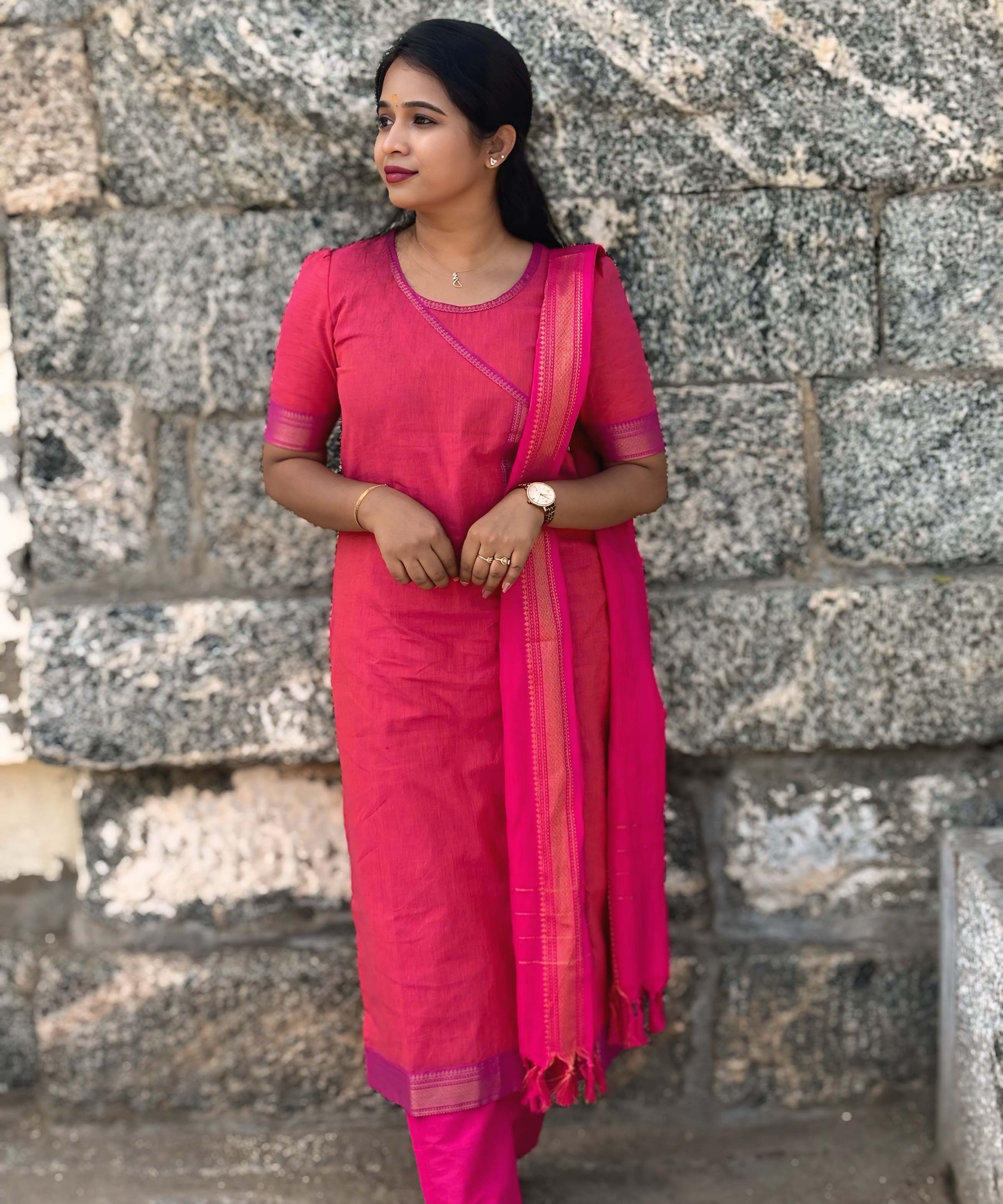 Reddish Pink(Pink with Orange) and Purple Color Premium Handloom Mangalagiri Cotton Salwar Set with Pocket / PC005