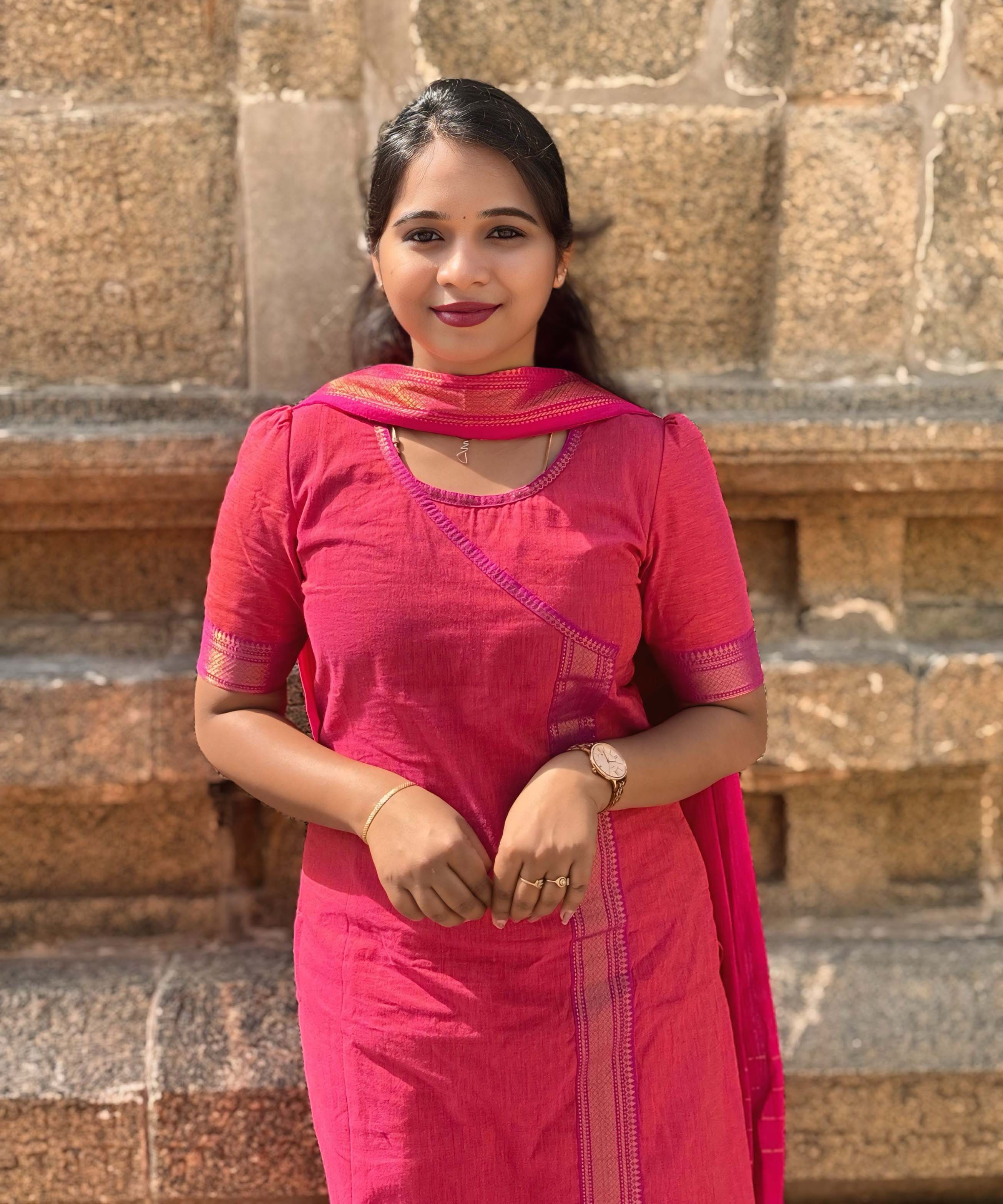 Reddish Pink(Pink with Orange) and Purple Color Premium Handloom Mangalagiri Cotton Salwar Set with Pocket / PC005