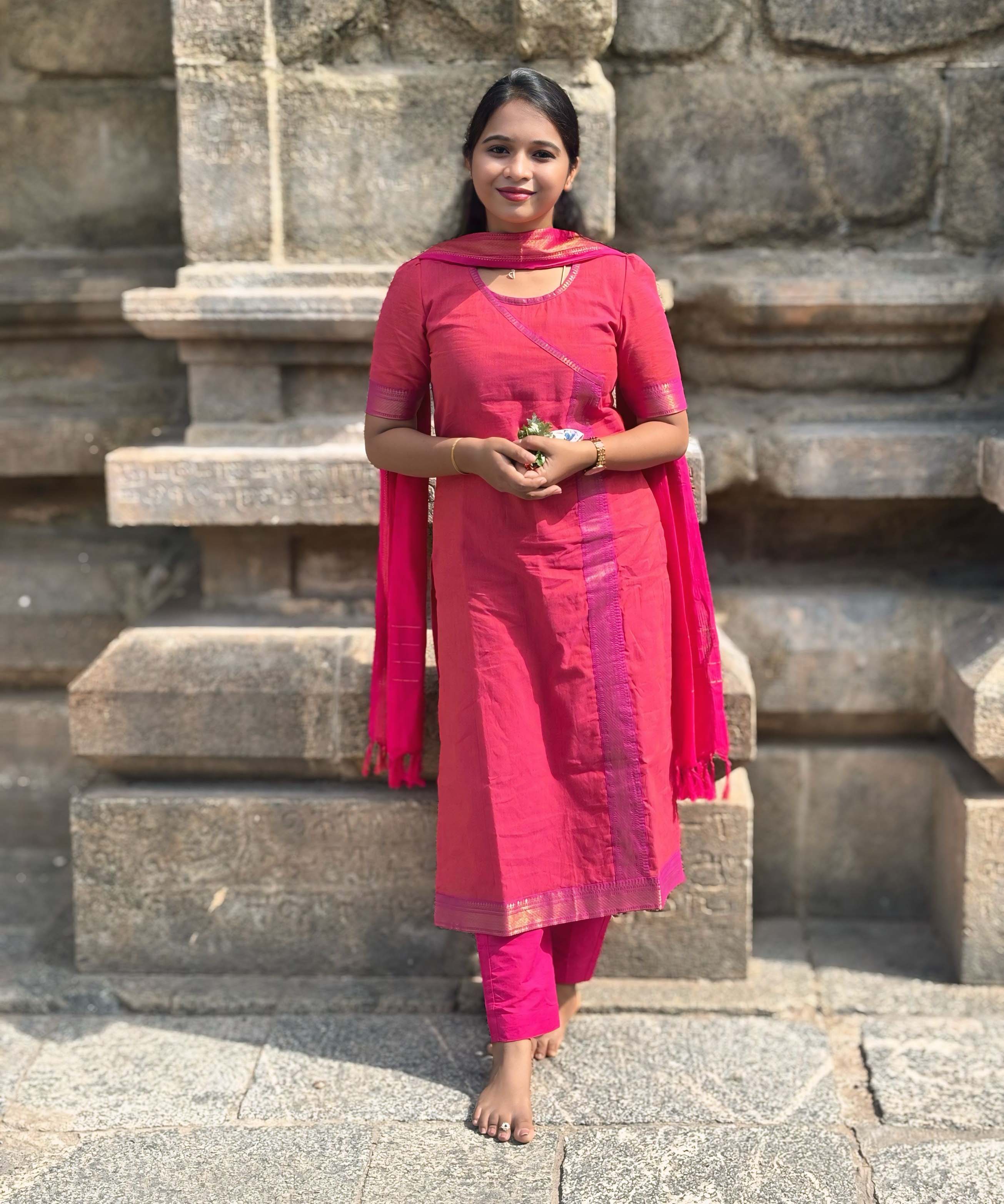 Reddish Pink(Pink with Orange) and Purple Color Premium Handloom Mangalagiri Cotton Salwar Set with Pocket / PC005