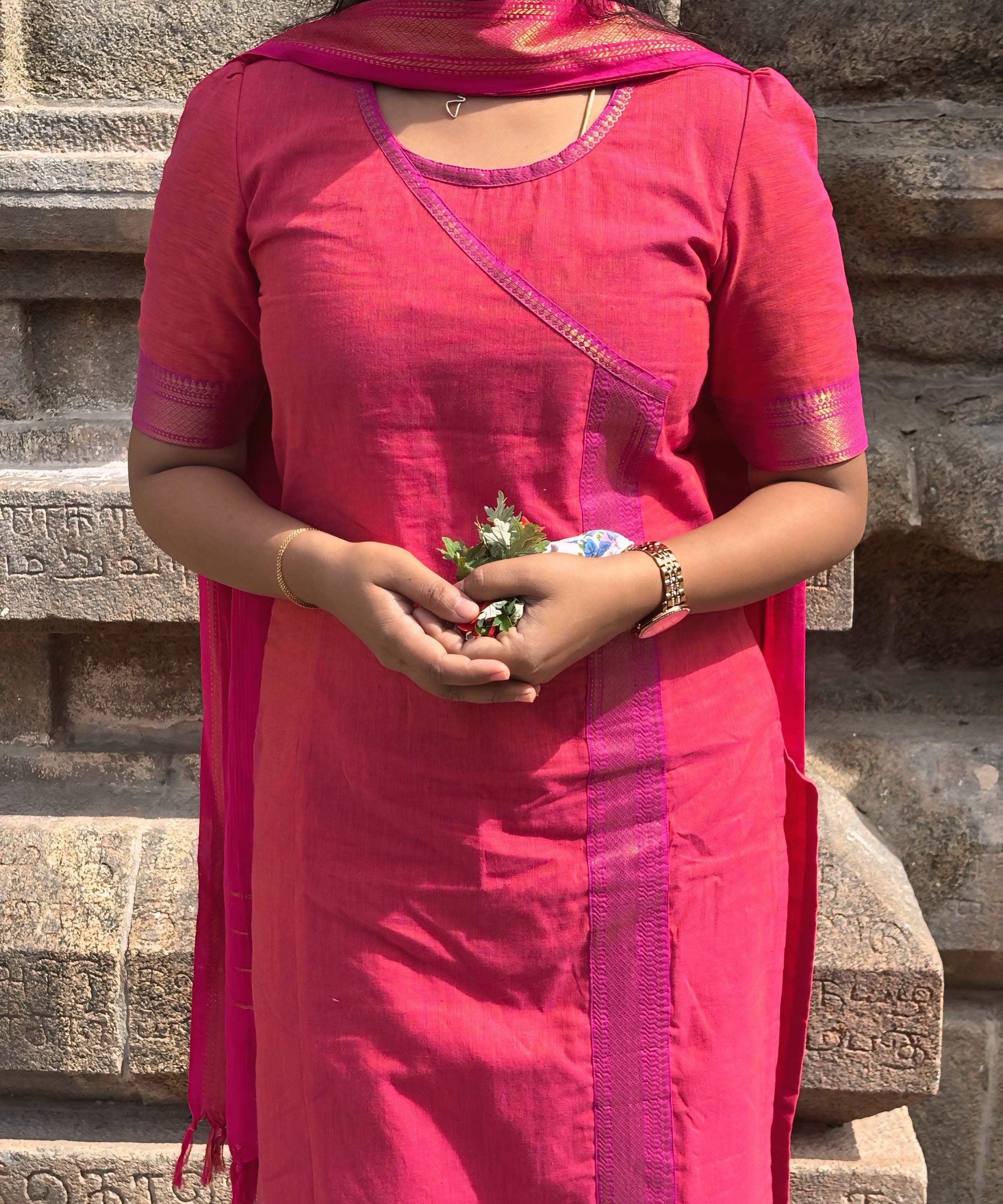 Reddish Pink(Pink with Orange) and Purple Color Premium Handloom Mangalagiri Cotton Salwar Set with Pocket / PC005