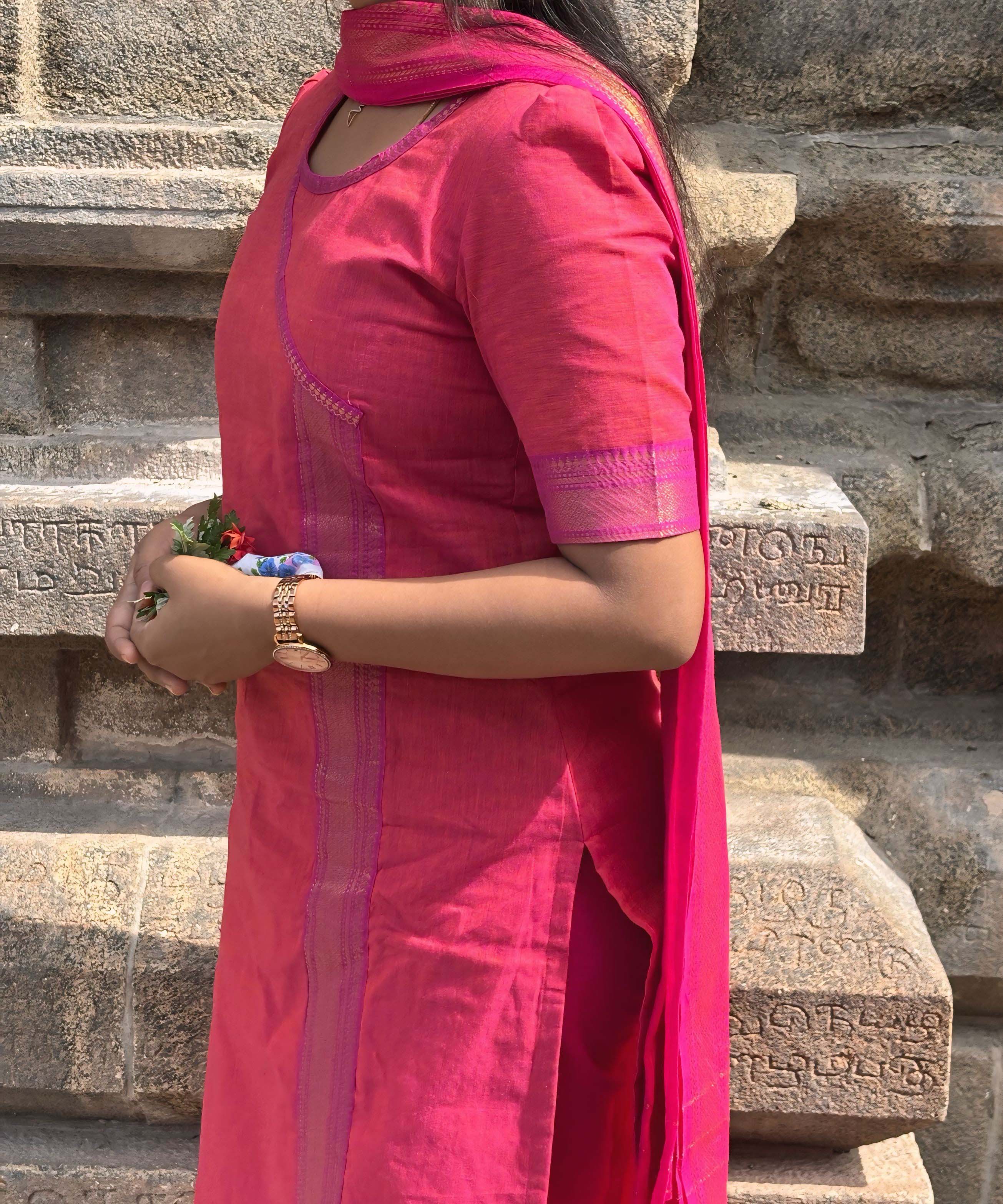 Reddish Pink(Pink with Orange) and Purple Color Premium Handloom Mangalagiri Cotton Salwar Set with Pocket / PC005