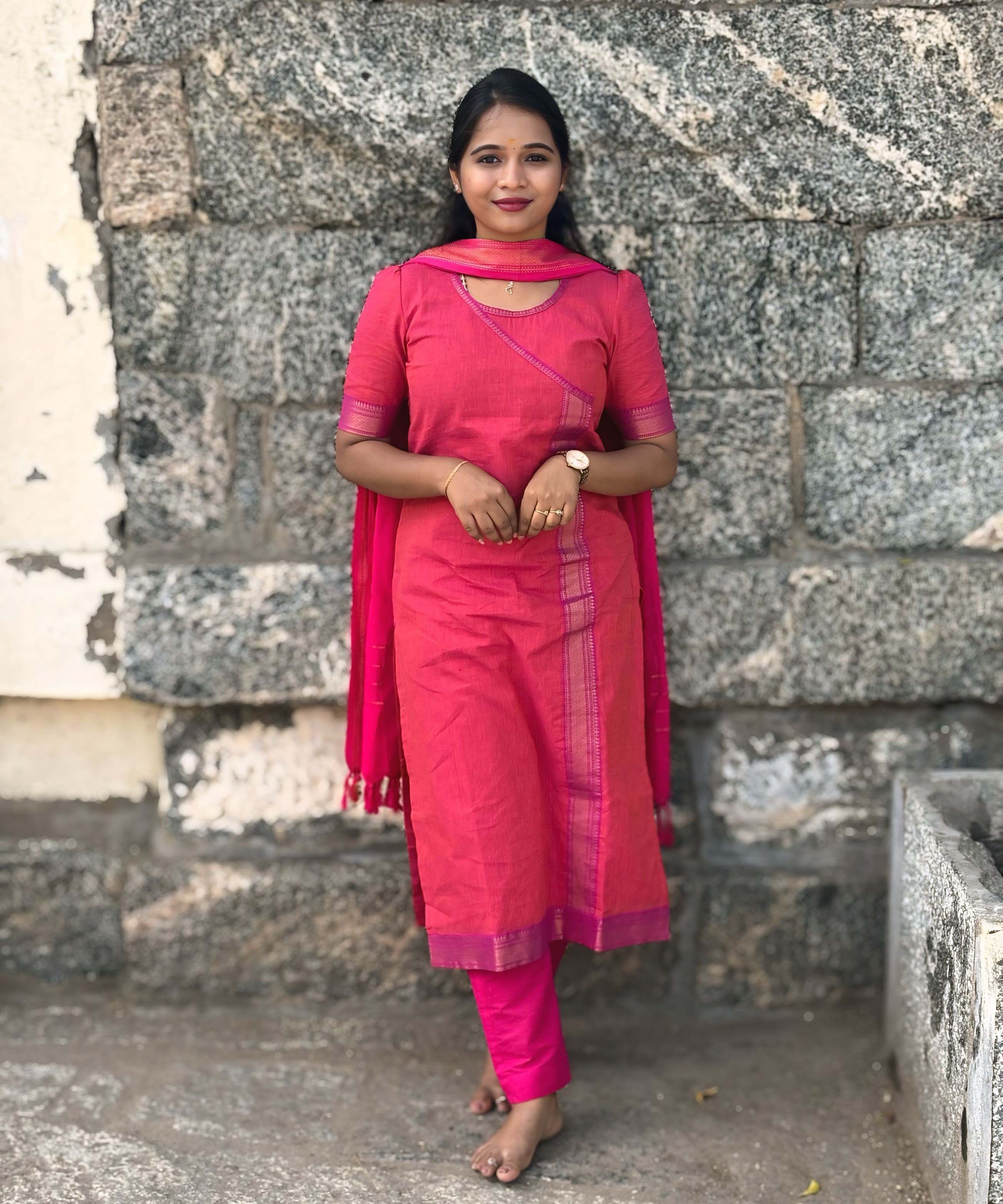 Reddish Pink(Pink with Orange) and Purple Color Premium Handloom Mangalagiri Cotton Salwar Set with Pocket / PC005