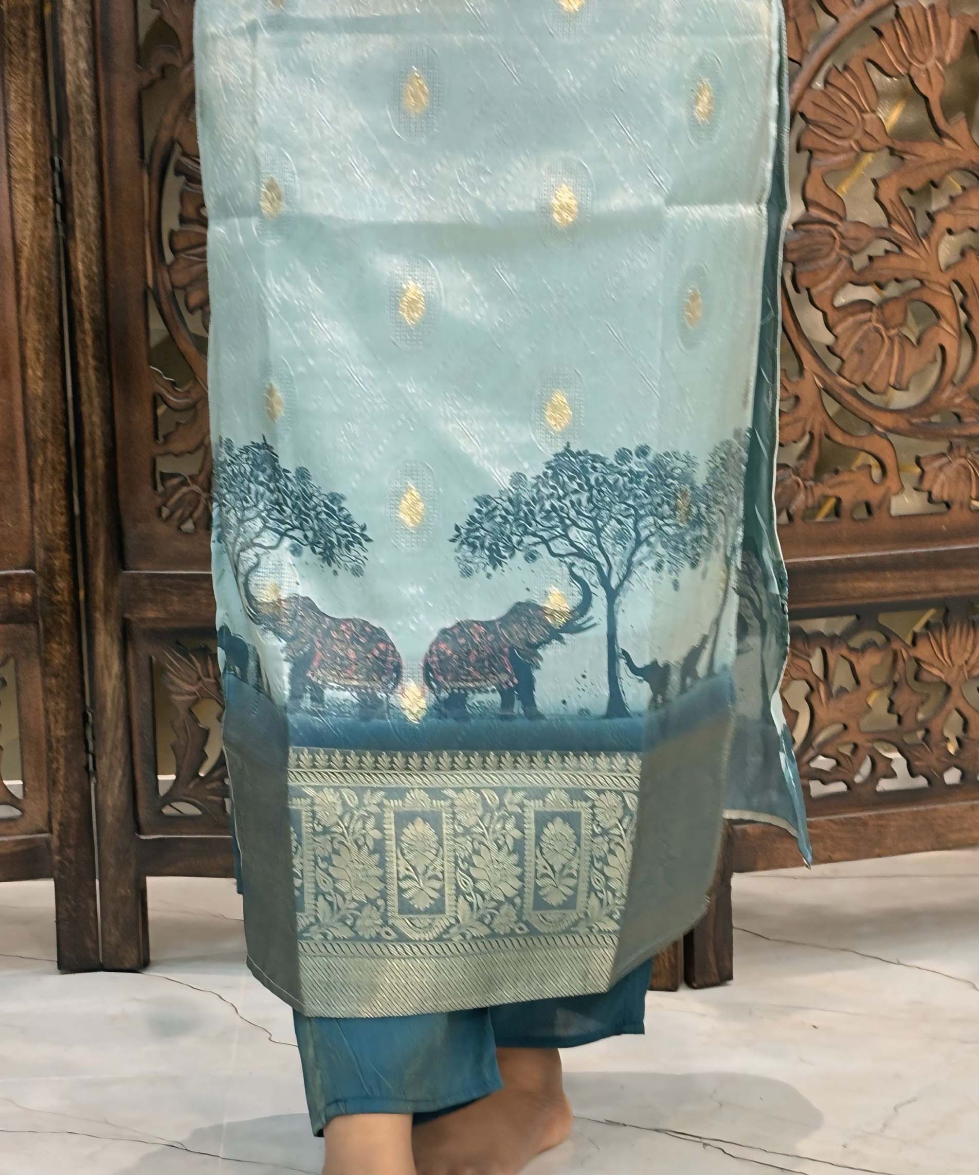 Sea Blue and Golden Color Designer Premium 3 Piece Salwar Set / ESS358