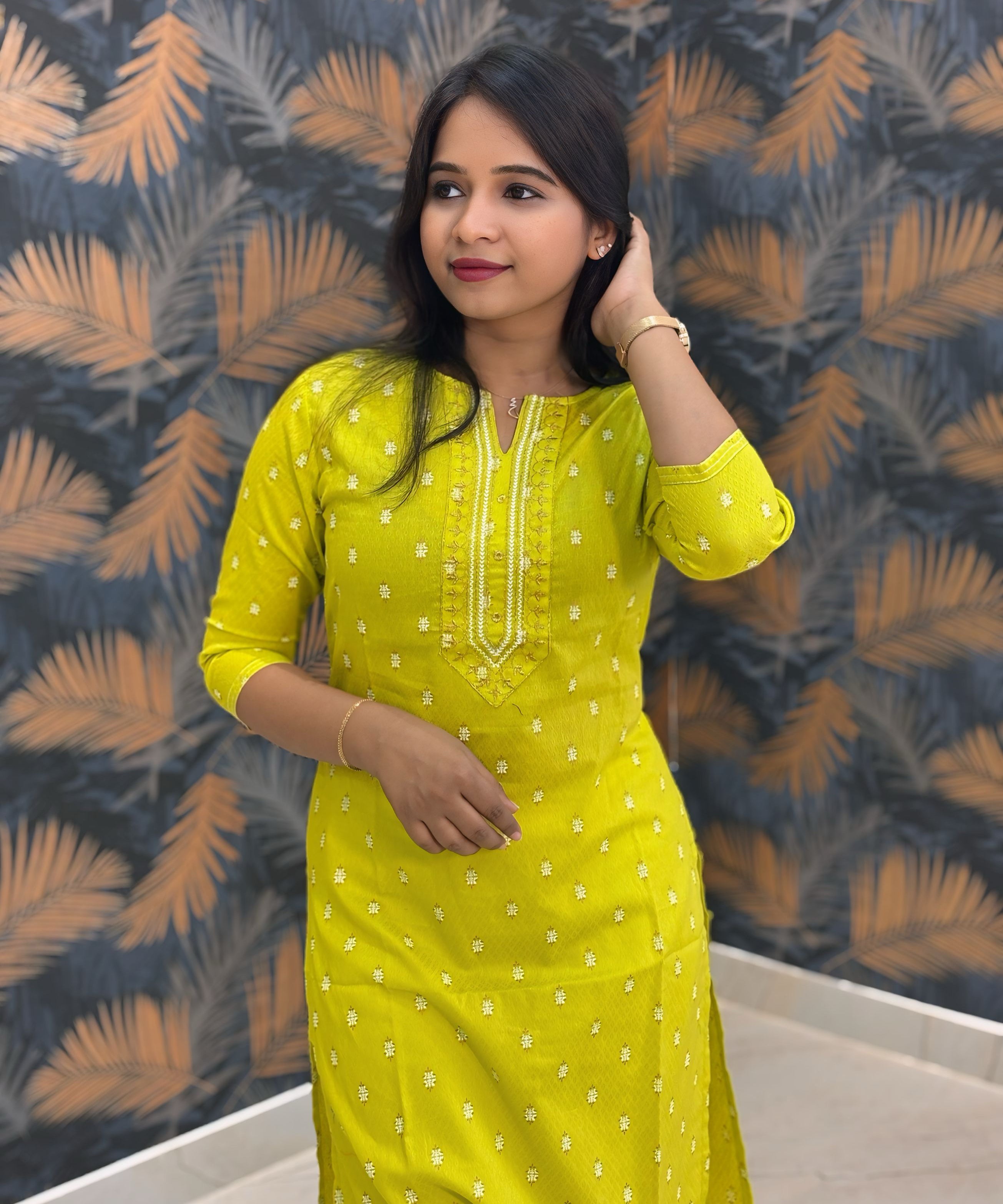 Yellowish Green Color Silk Cotton Straight Cut Kurti / LSS169