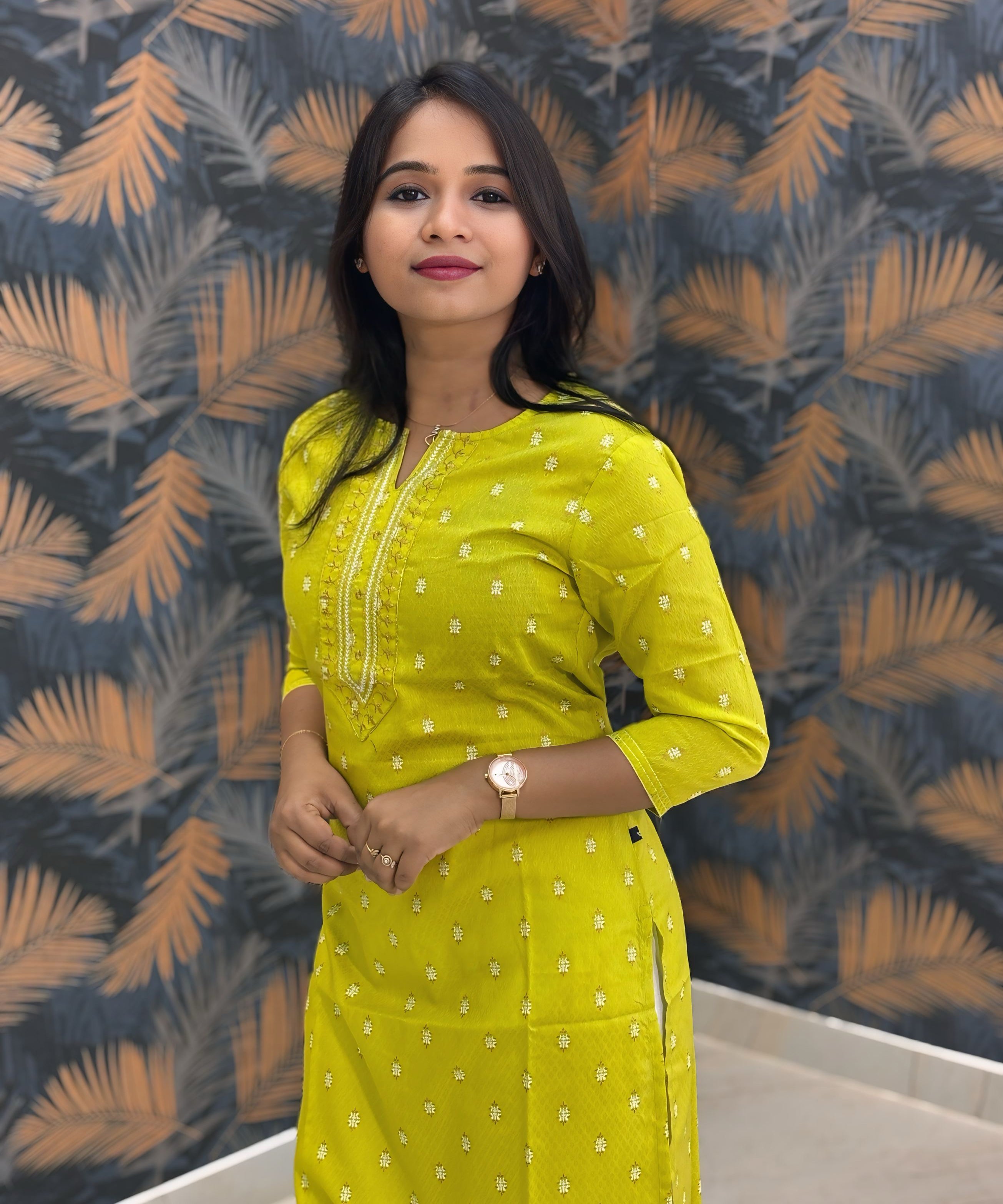 Yellowish Green Color Silk Cotton Straight Cut Kurti / LSS169
