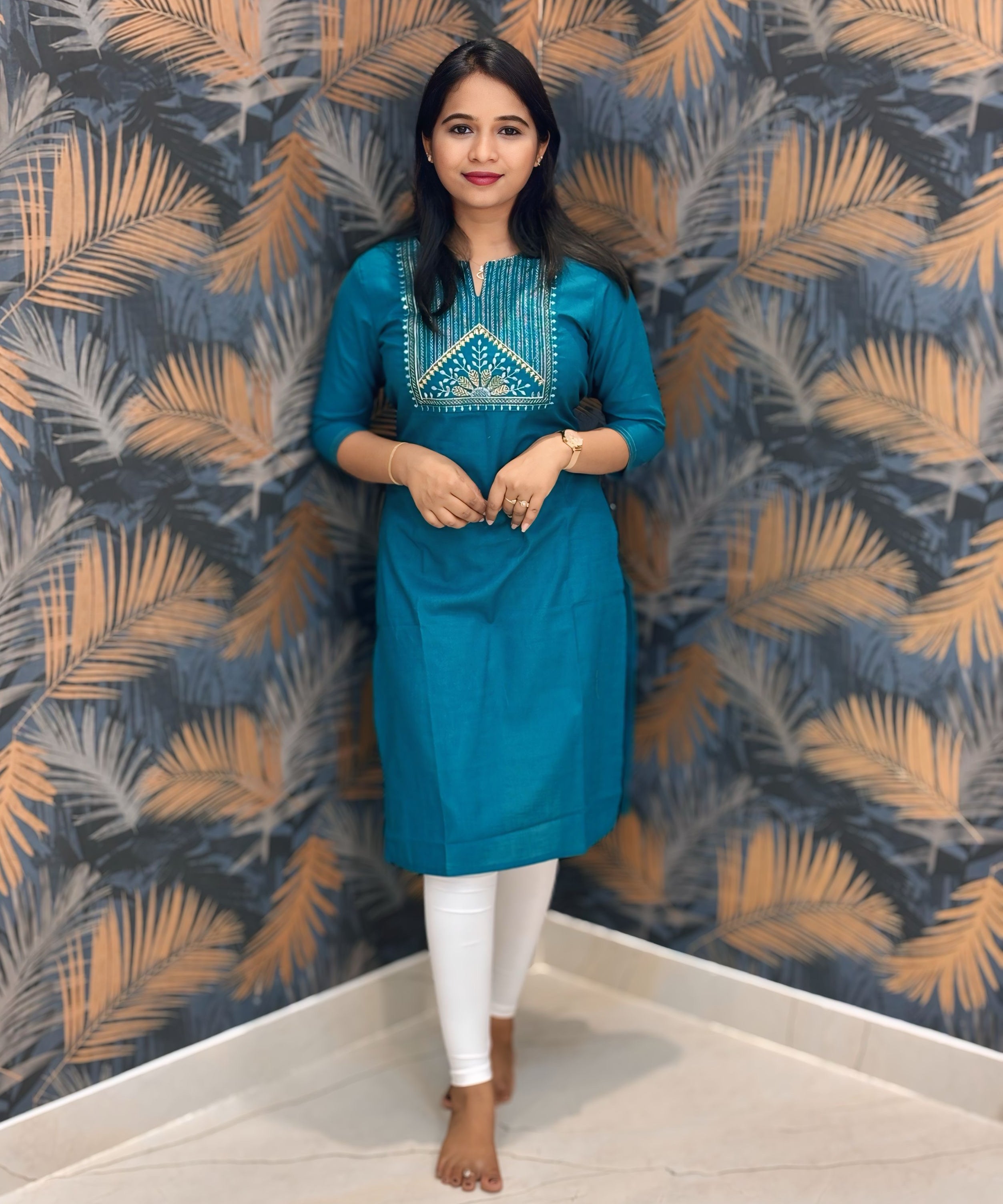 Rama Green Color Silk Cotton Straight Cut Kurti / LSS169