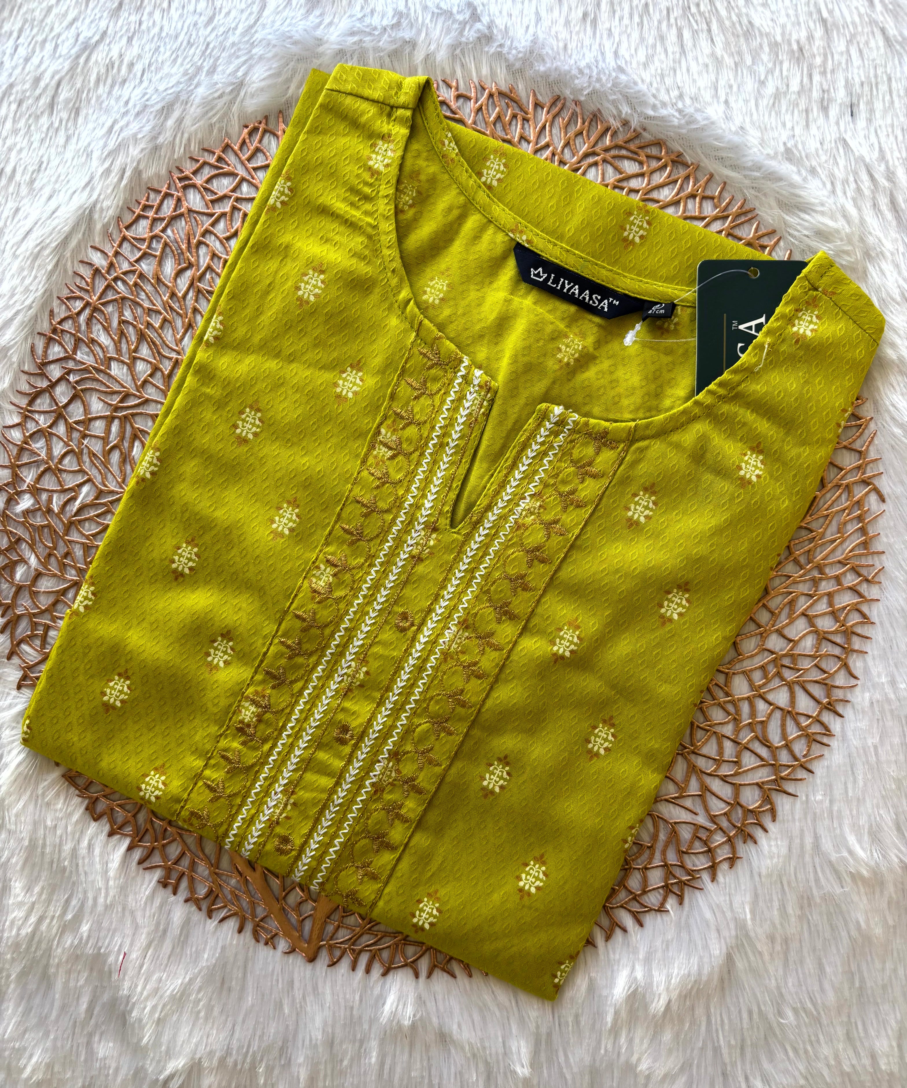 Yellowish Green Color Silk Cotton Straight Cut Kurti / LSS169