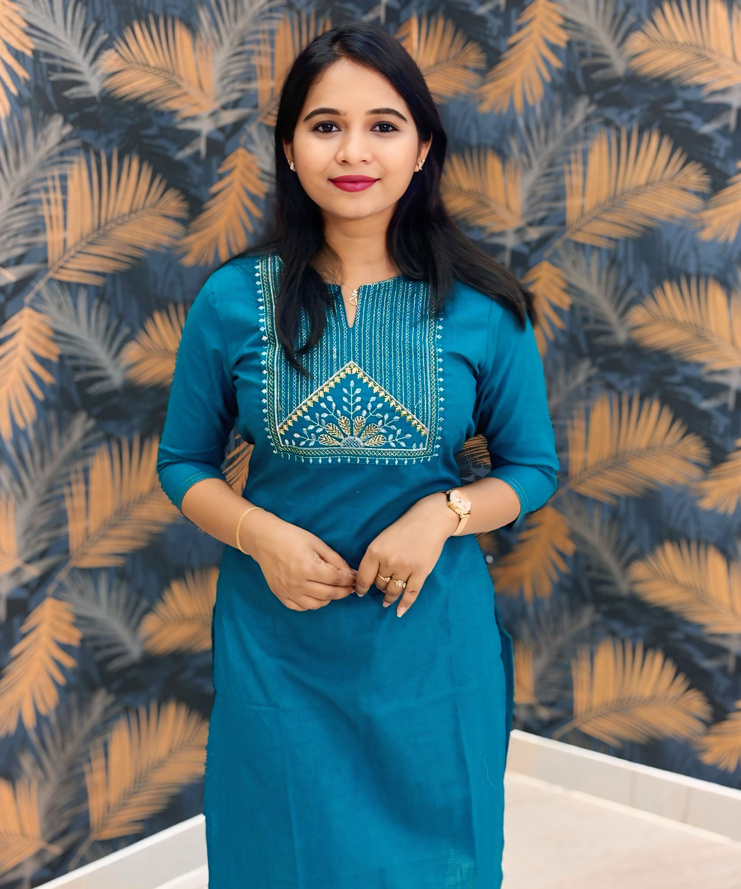 Rama Green Color Silk Cotton Straight Cut Kurti / LSS169