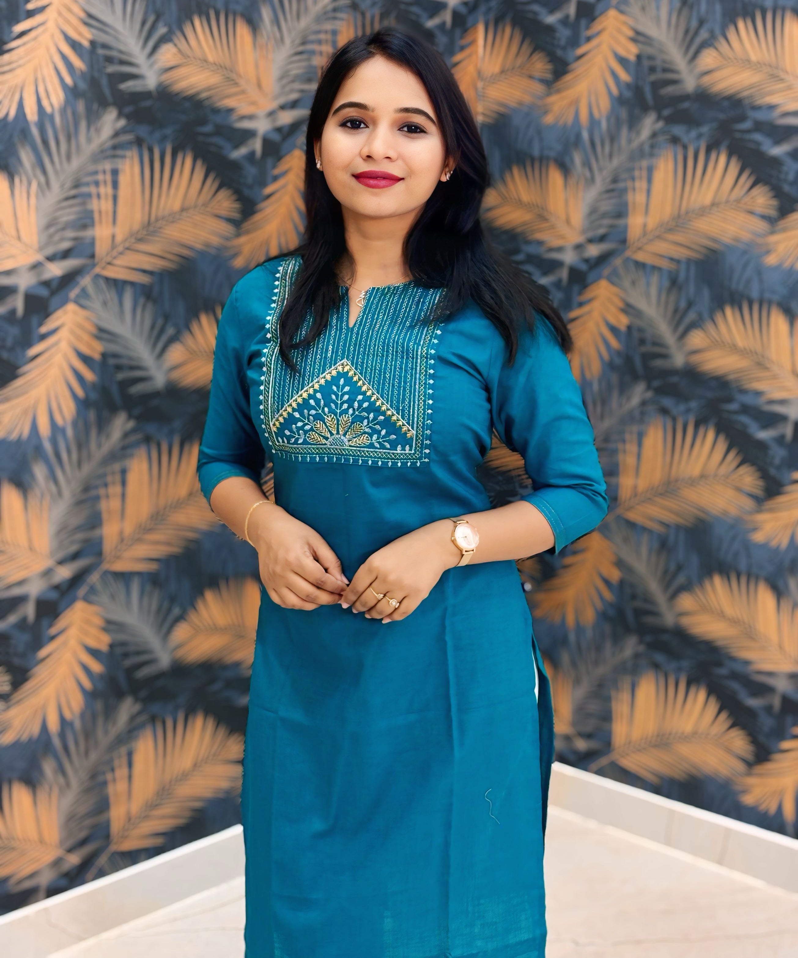 Rama Green Color Silk Cotton Straight Cut Kurti / LSS169