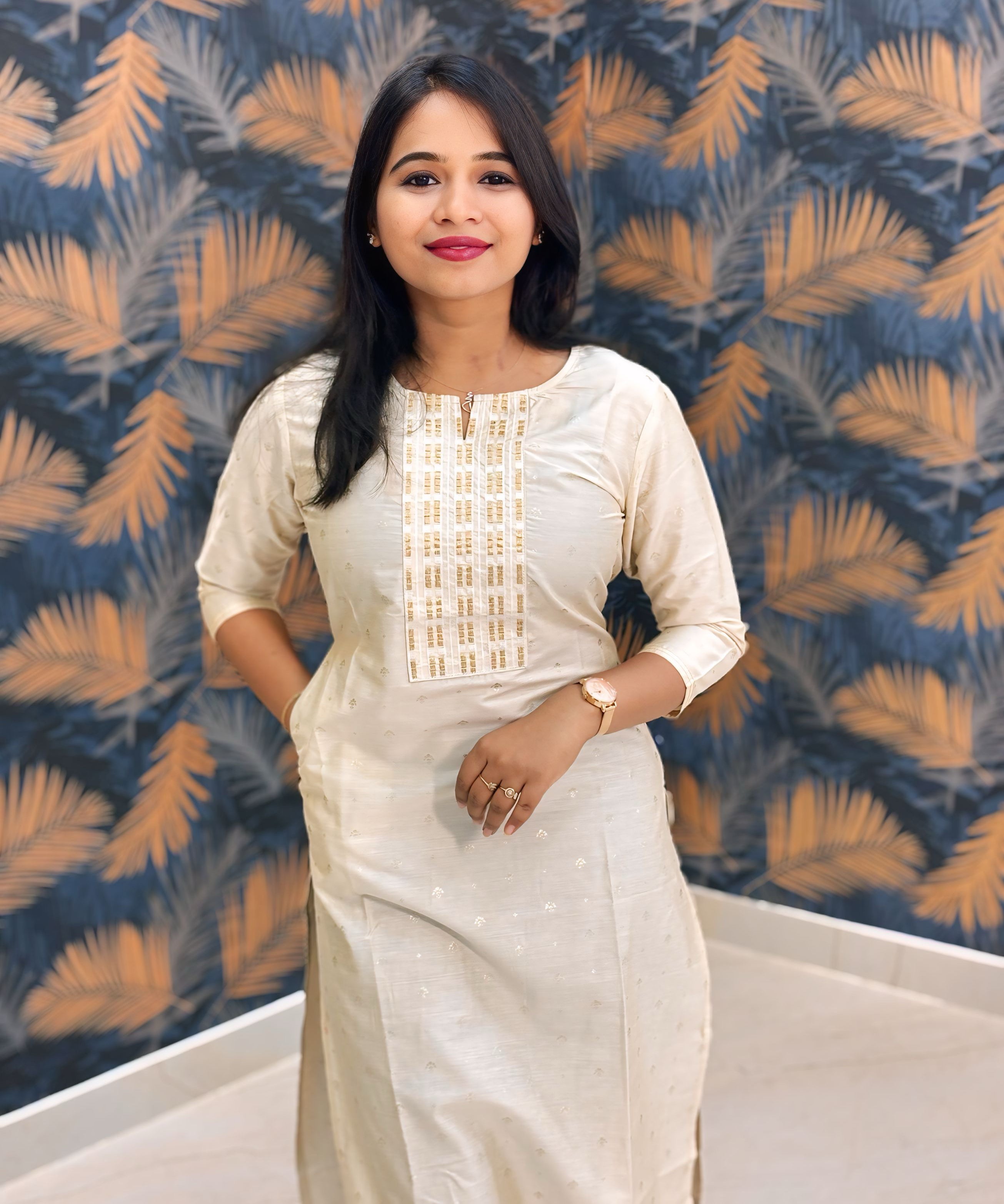 Beige Color Silk Cotton Straight Cut Kurti with Pocket / LSS169