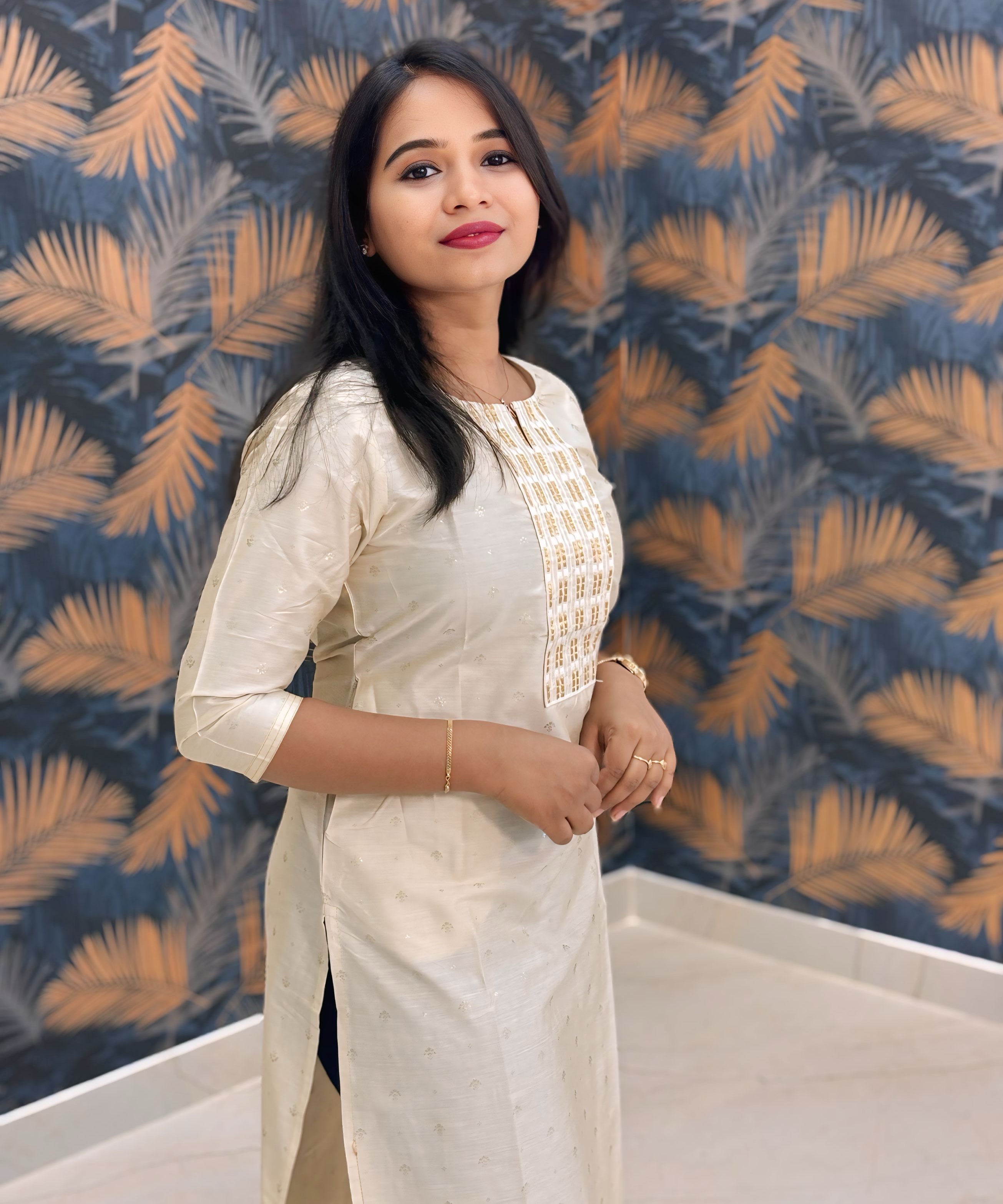 Beige Color Silk Cotton Straight Cut Kurti with Pocket / LSS169