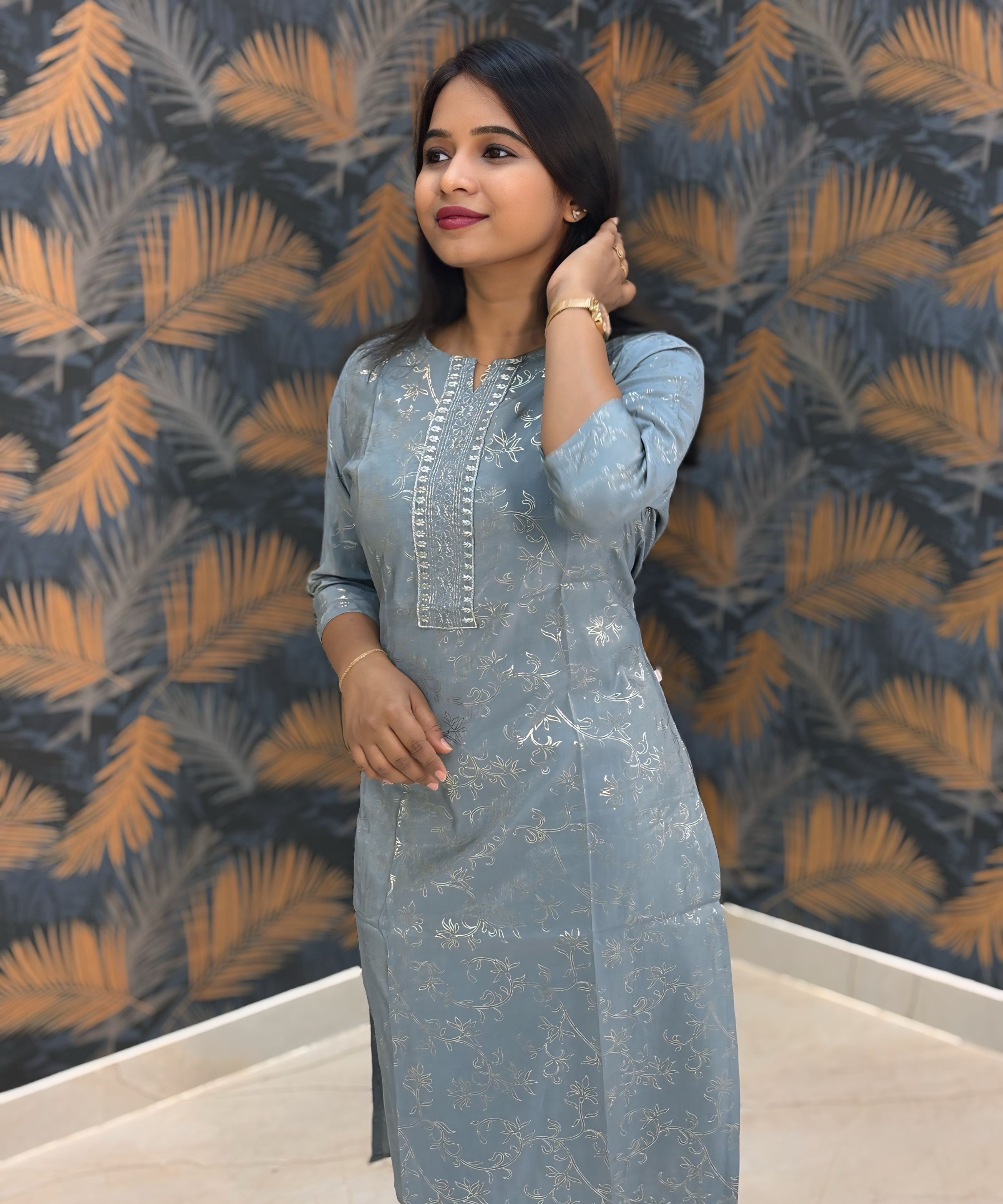 Gray Color Silk Cotton Straight Cut Kurti / LSS169