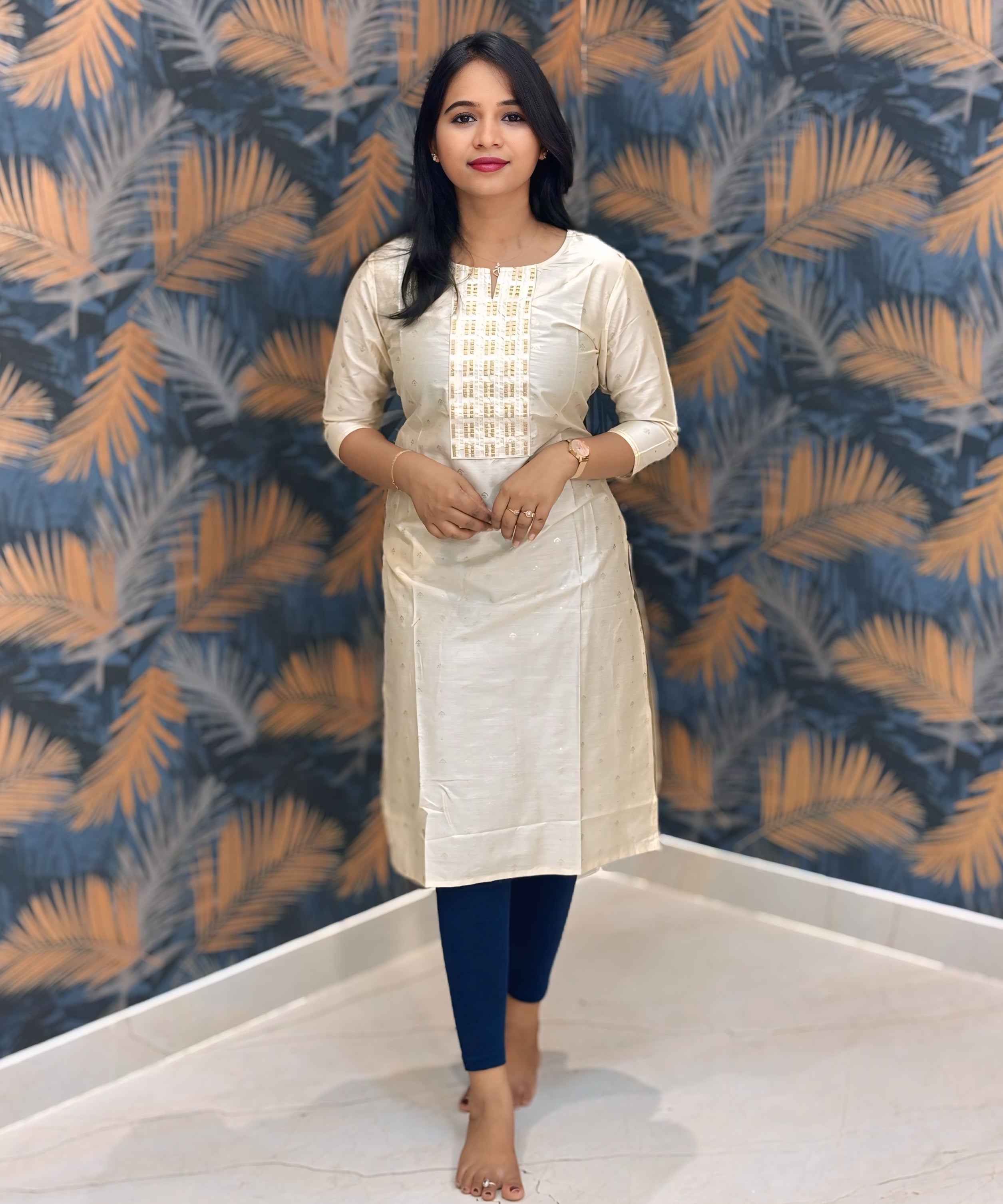 Beige Color Silk Cotton Straight Cut Kurti with Pocket / LSS169