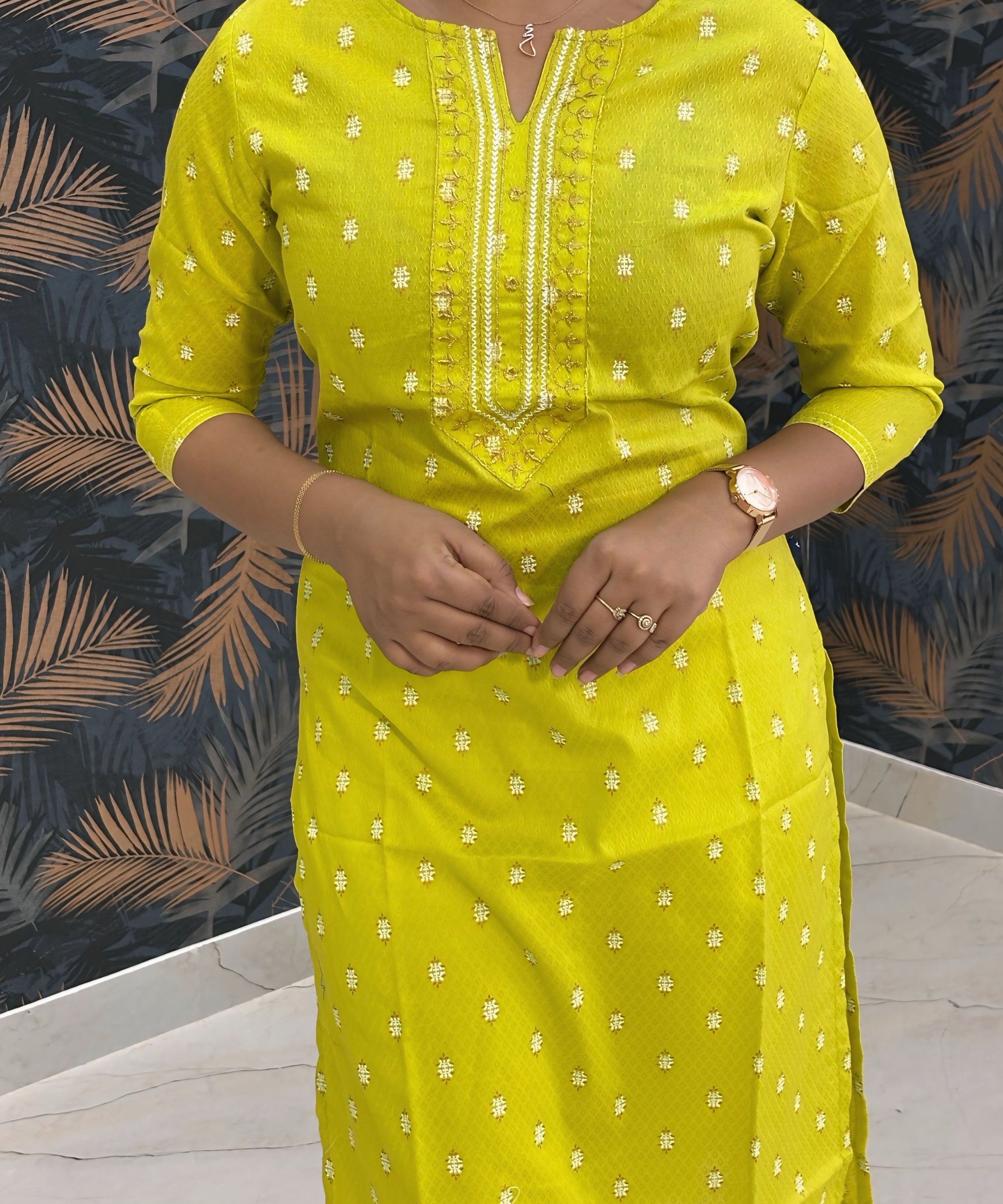 Yellowish Green Color Silk Cotton Straight Cut Kurti / LSS169