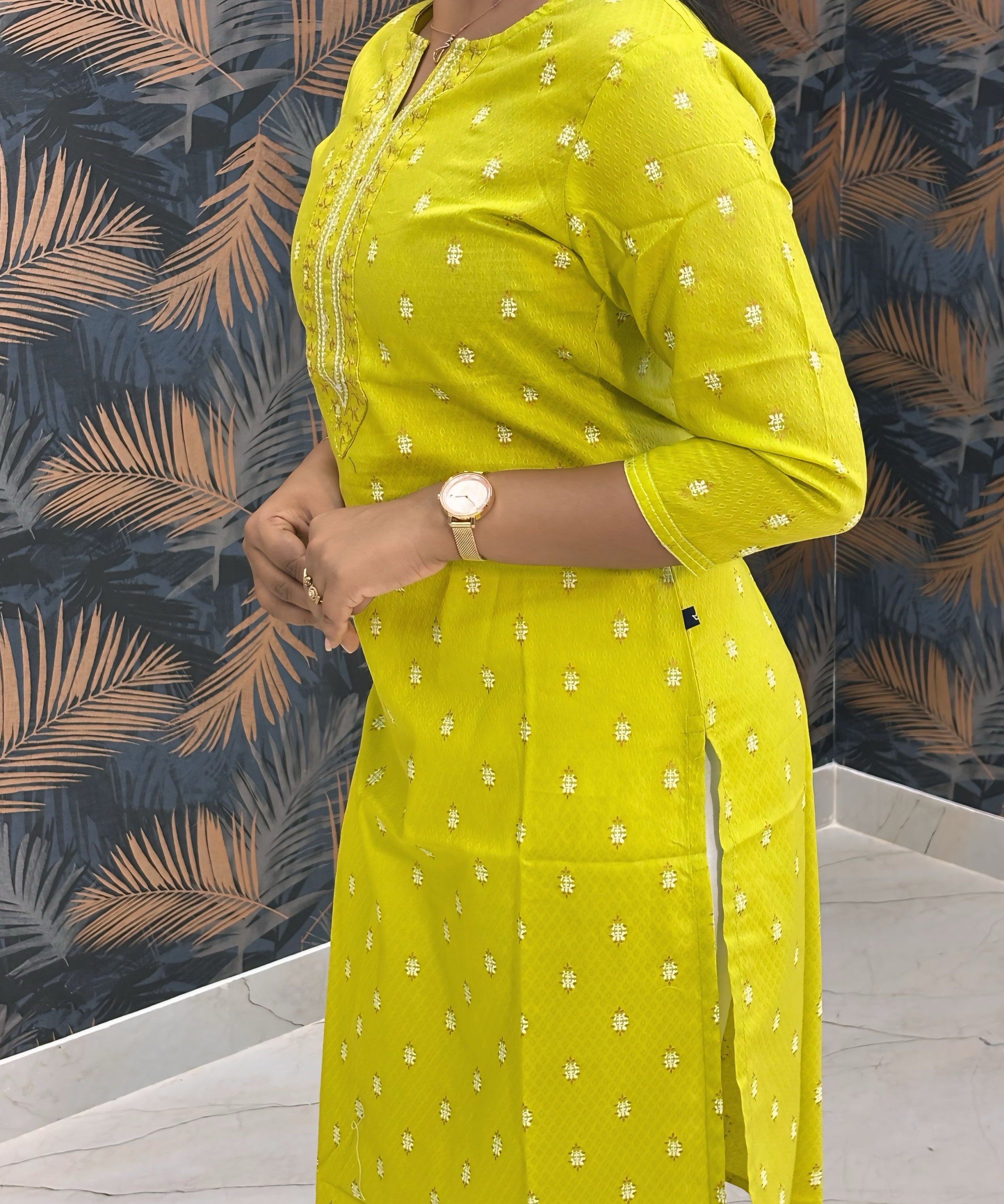 Yellowish Green Color Silk Cotton Straight Cut Kurti / LSS169