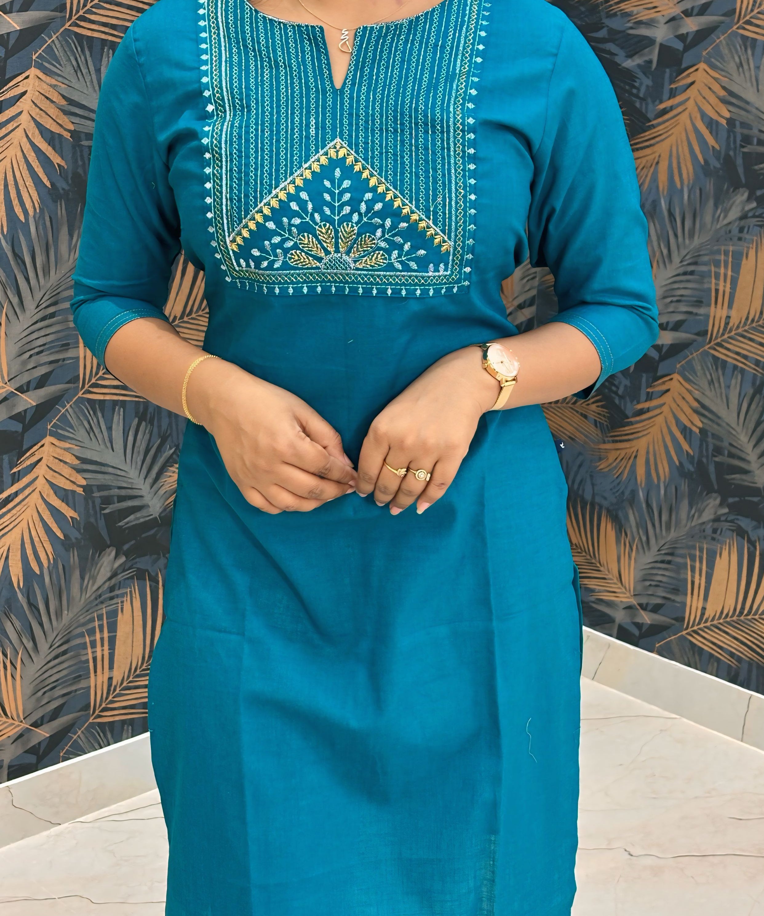 Rama Green Color Silk Cotton Straight Cut Kurti / LSS169