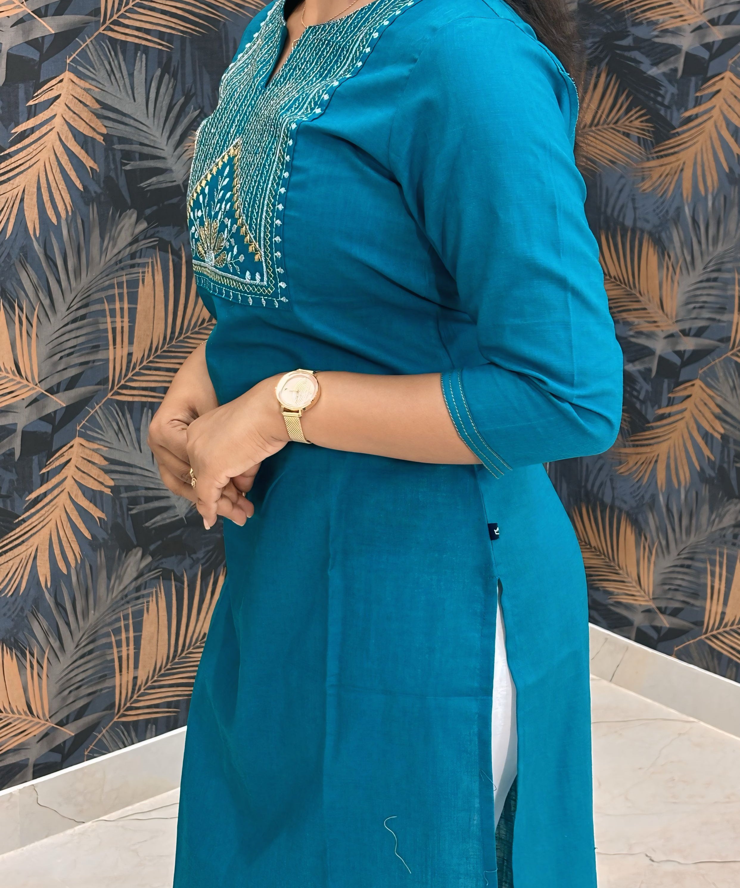 Rama Green Color Silk Cotton Straight Cut Kurti / LSS169