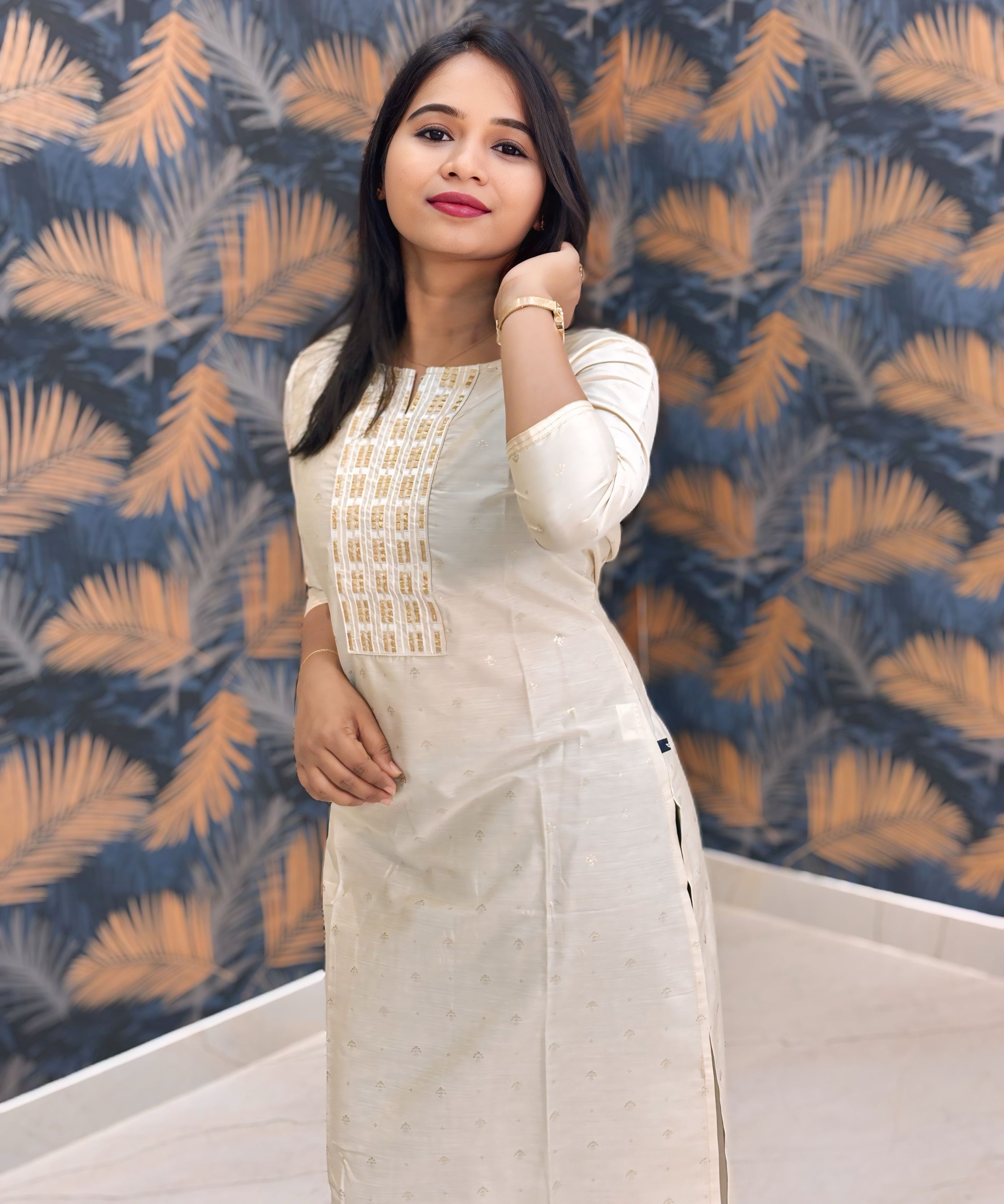 Beige Color Silk Cotton Straight Cut Kurti with Pocket / LSS169