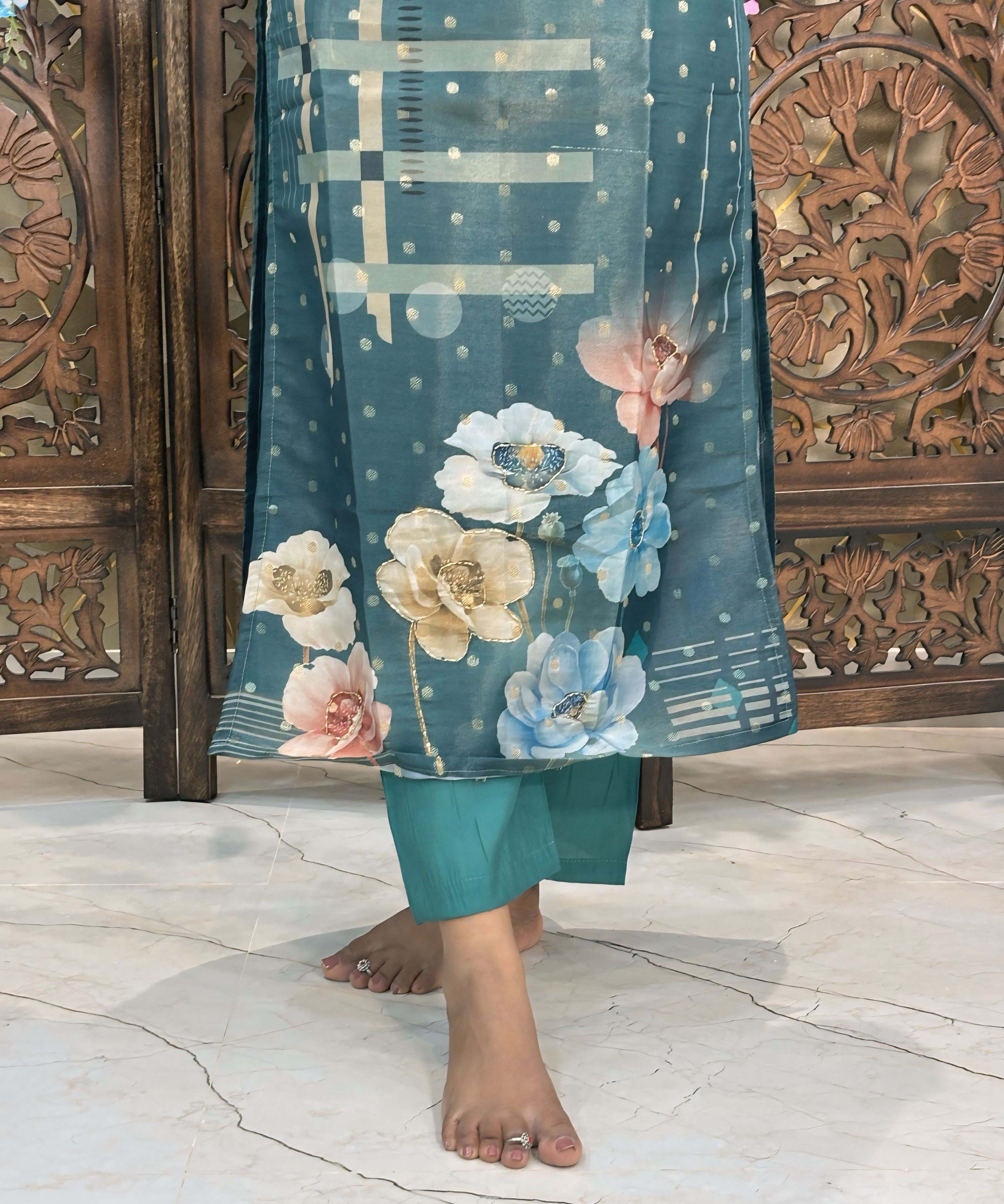 Teal Blue Color Premium Aari work Designer 3 Piece Salwar Set / ESS346