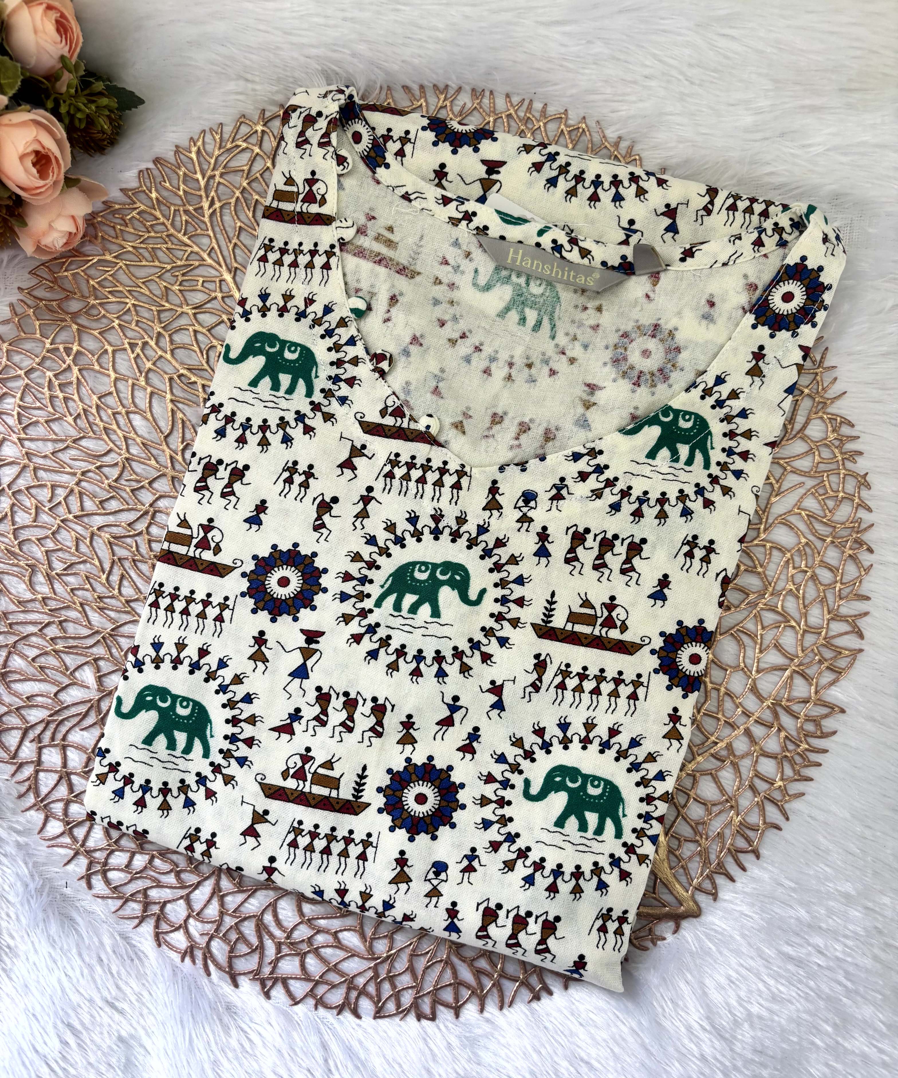 Warli Printed Green Color Elephant Design Flex Cotton Kurti with Pocket / LSS191