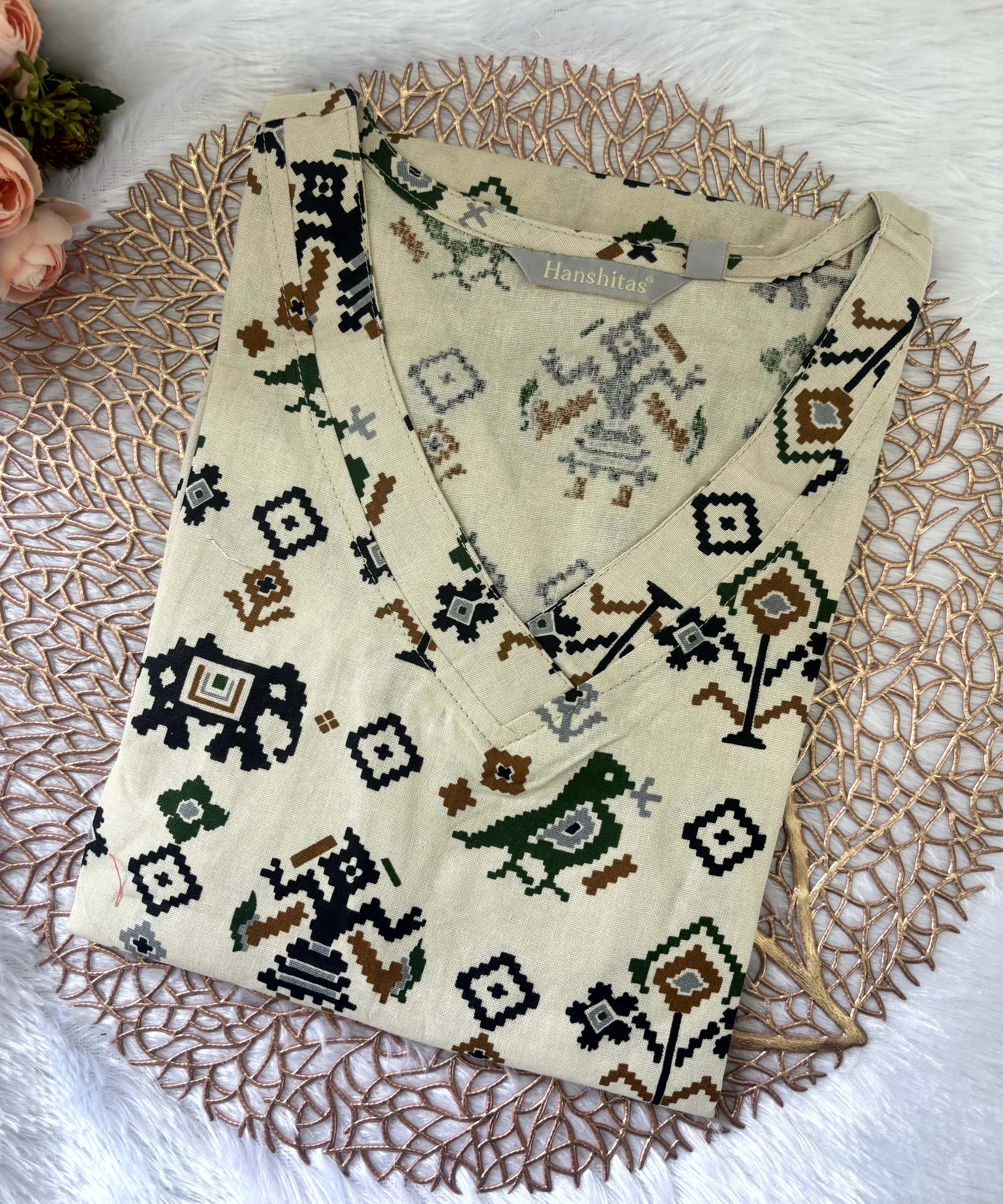 V Neck Design Tribal Ikat Printed Flex Cotton Kurti with Pocket / LSS193