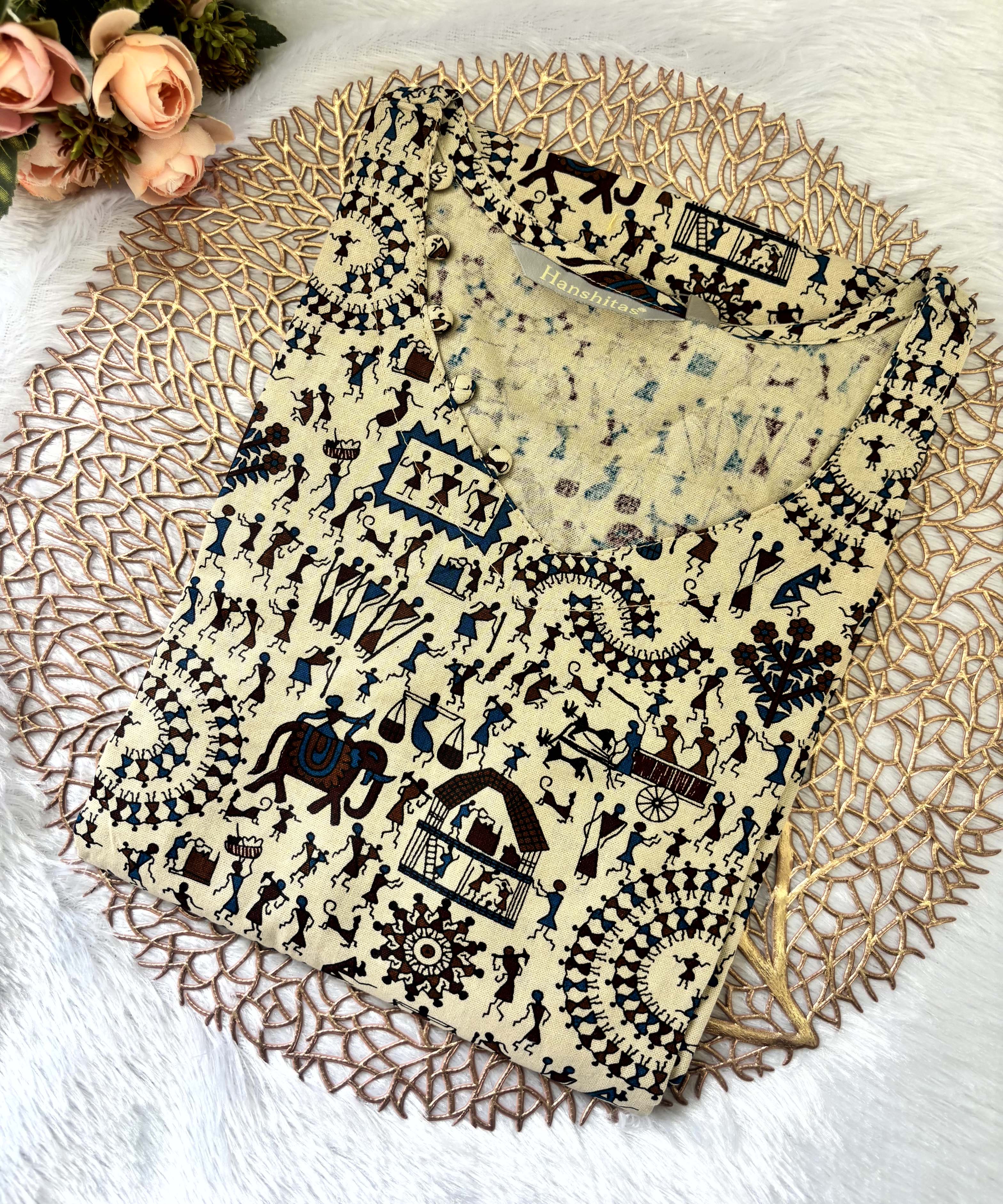 V Neck With Potli Design Warli Printed Flex Cotton Kurti with Pocket / LSS192