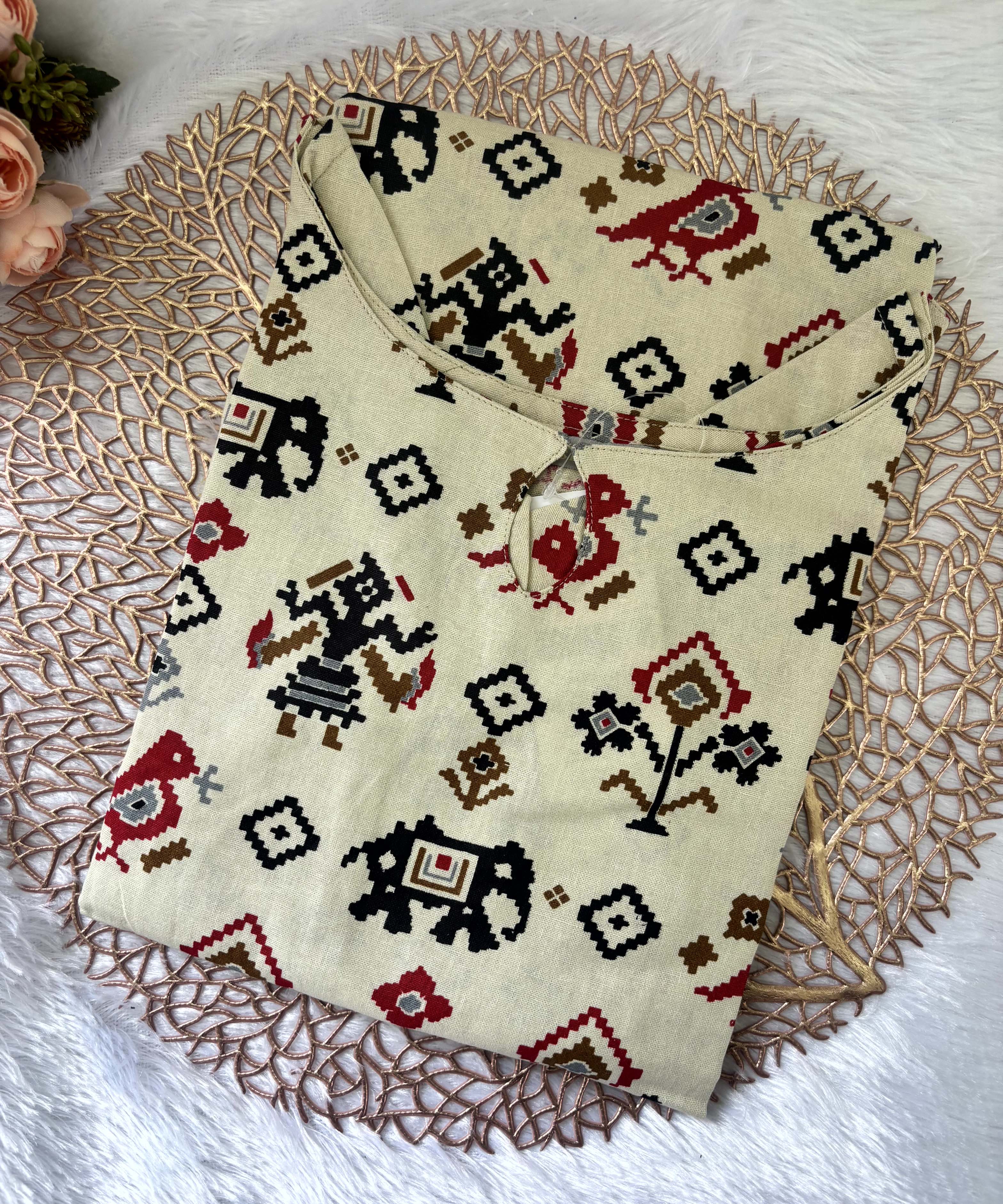 Boat Neck Design Tribal Ikat Printed Flex Cotton Kurti with Pocket / LSS193