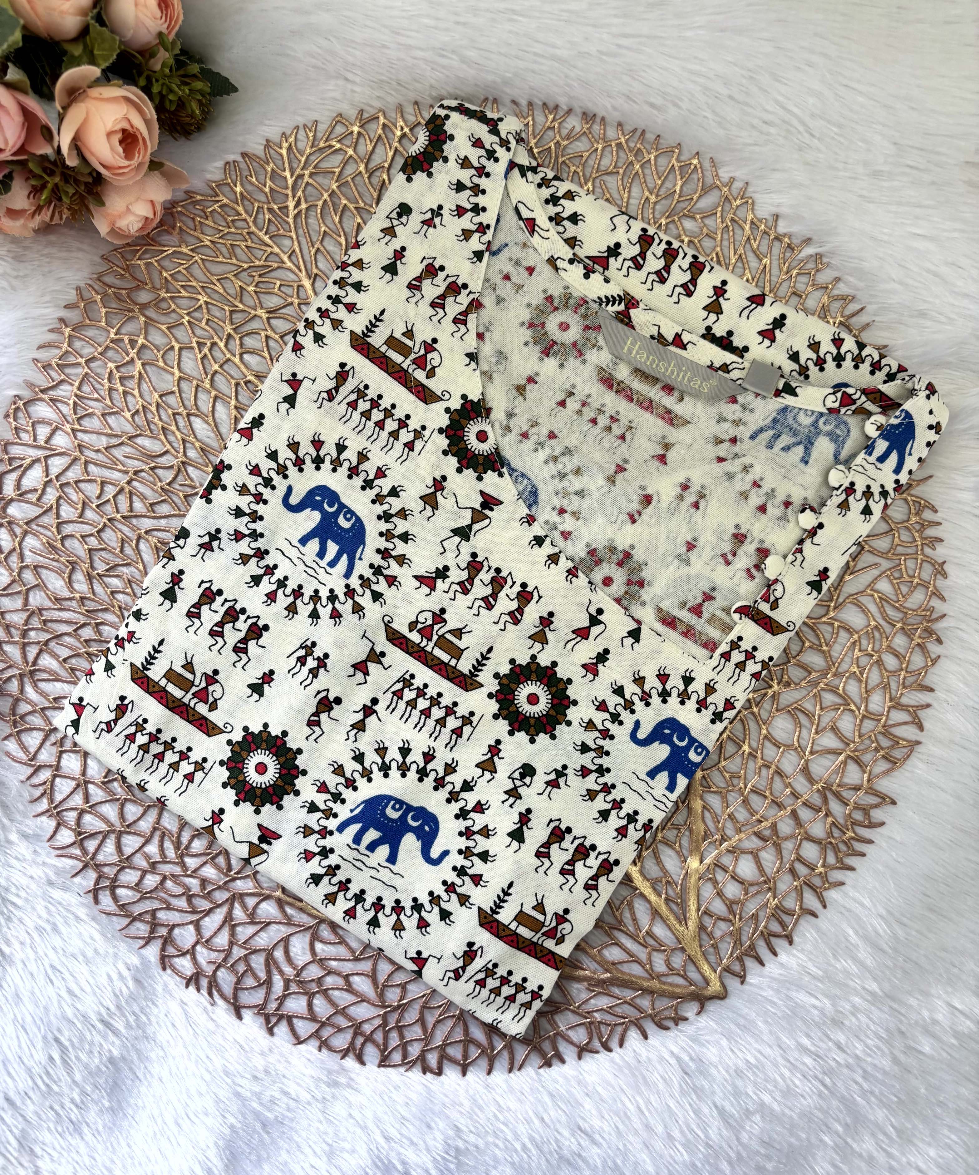 Warli Printed Blue Color Elephant Design Flex Cotton Kurti with Pocket / LSS191