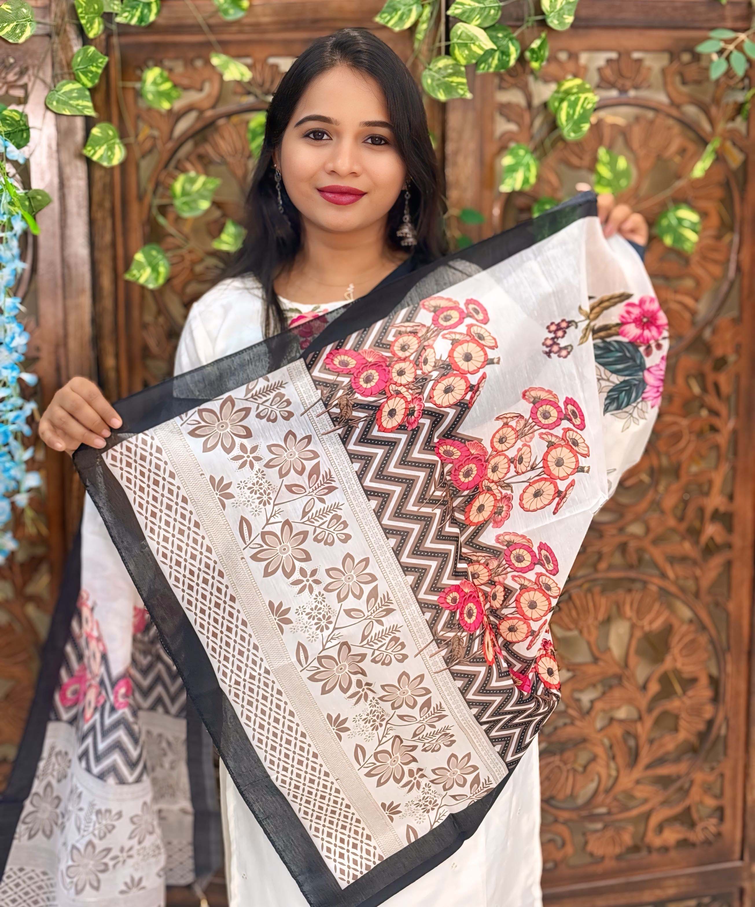 White and Black Color Cotton Salwar Set with Organza Dupatta 3 Piece Salwar Set / ESS348
