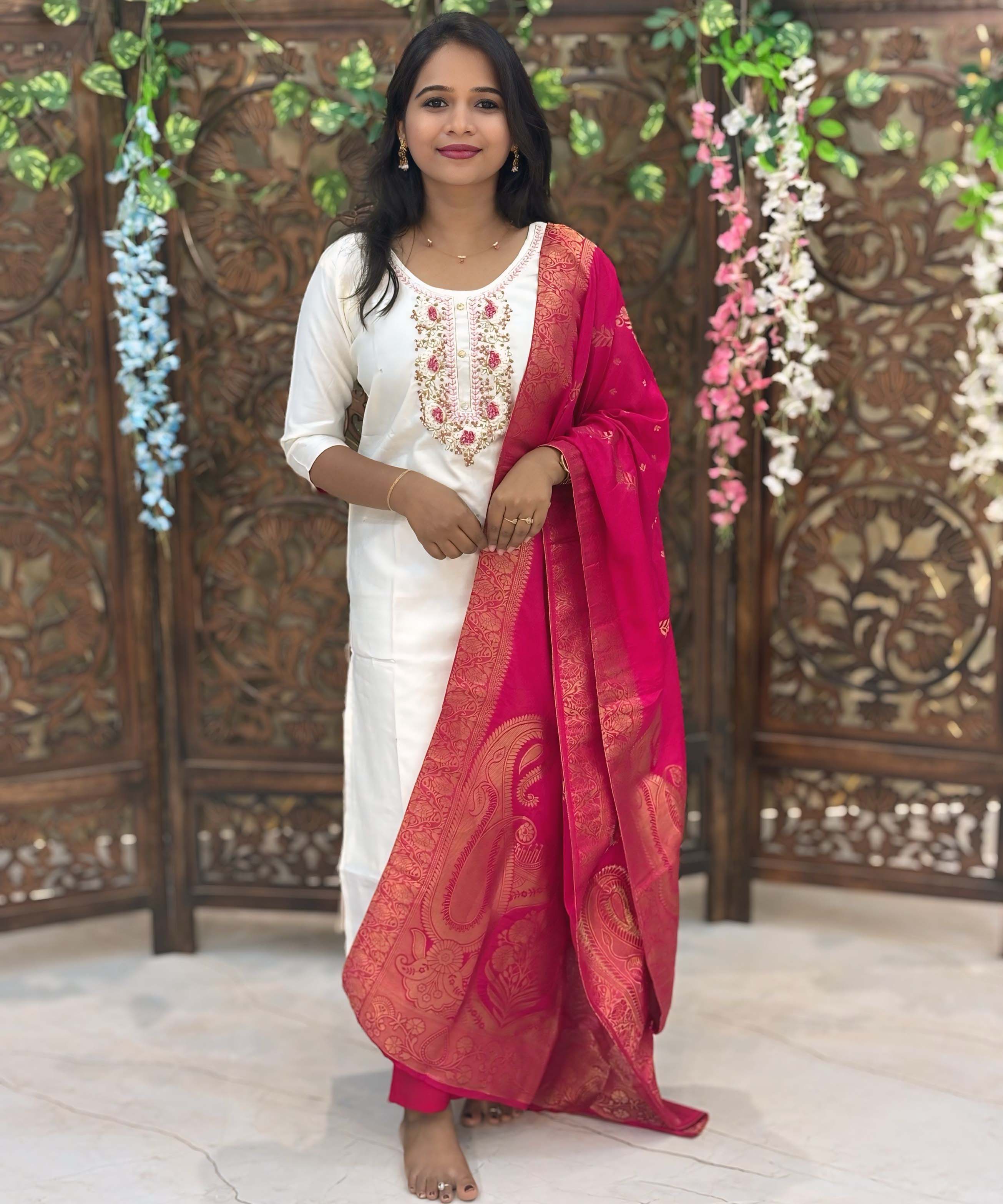 White and Dark Pink Color Premium Zardozi work 3 Piece Salwar Set / ESS234