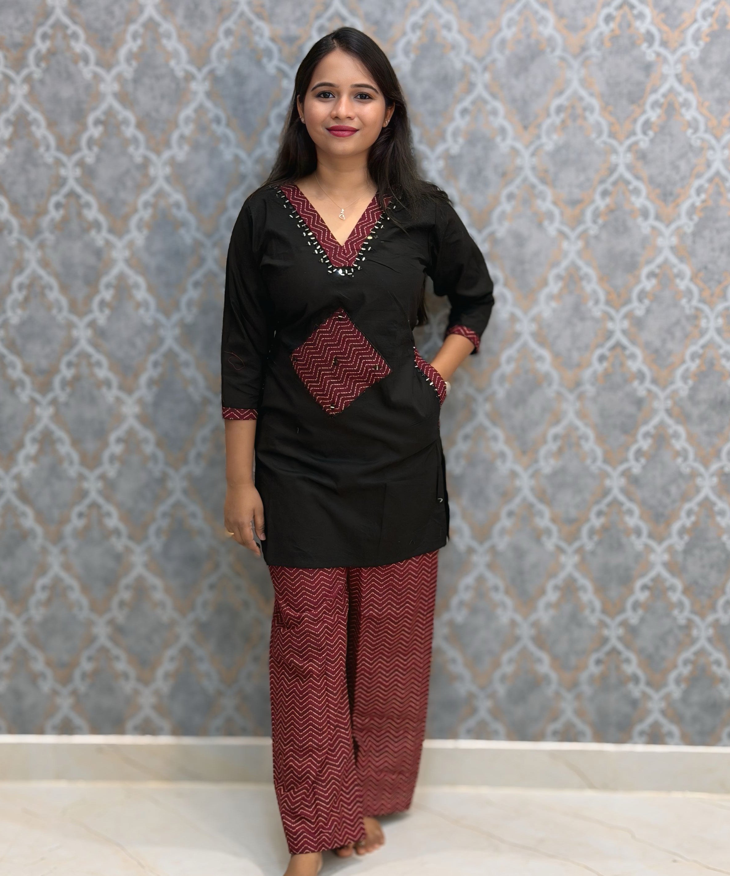 Black Color Ajrakh Design Cotton Short Top Coord Set / ESS403