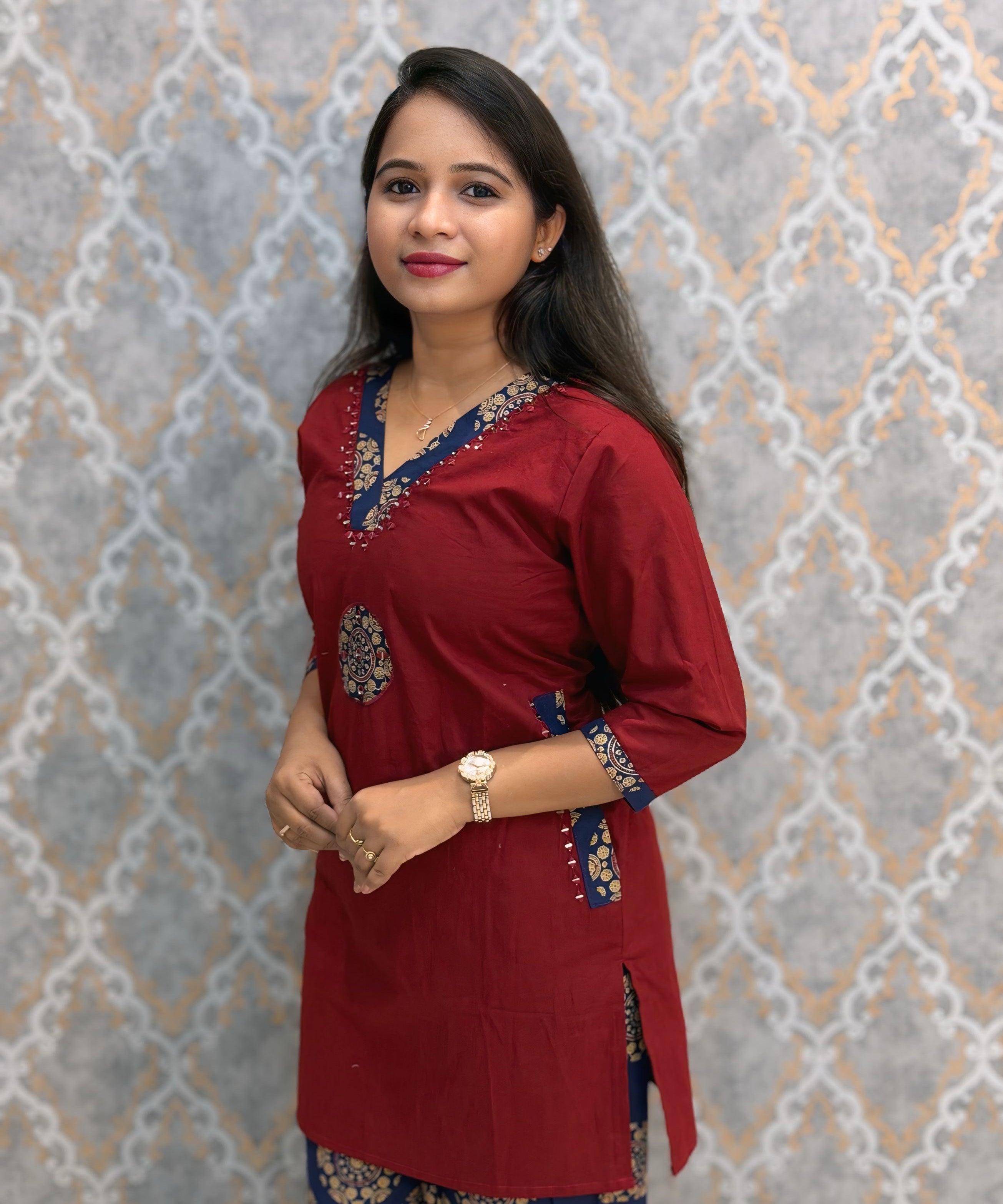 Maroon and Blue Color Ajrakh Design Cotton Short Top Coord Set / ESS403