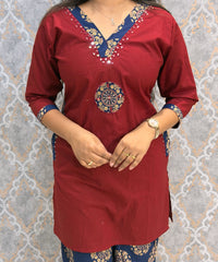 Maroon and Blue Color Ajrakh Design Cotton Short Top Coord Set / ESS403