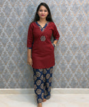 Maroon and Blue Color Ajrakh Design Cotton Short Top Coord Set / ESS403