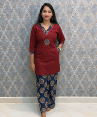 Maroon and Blue Color Ajrakh Design Cotton Short Top Coord Set / ESS403
