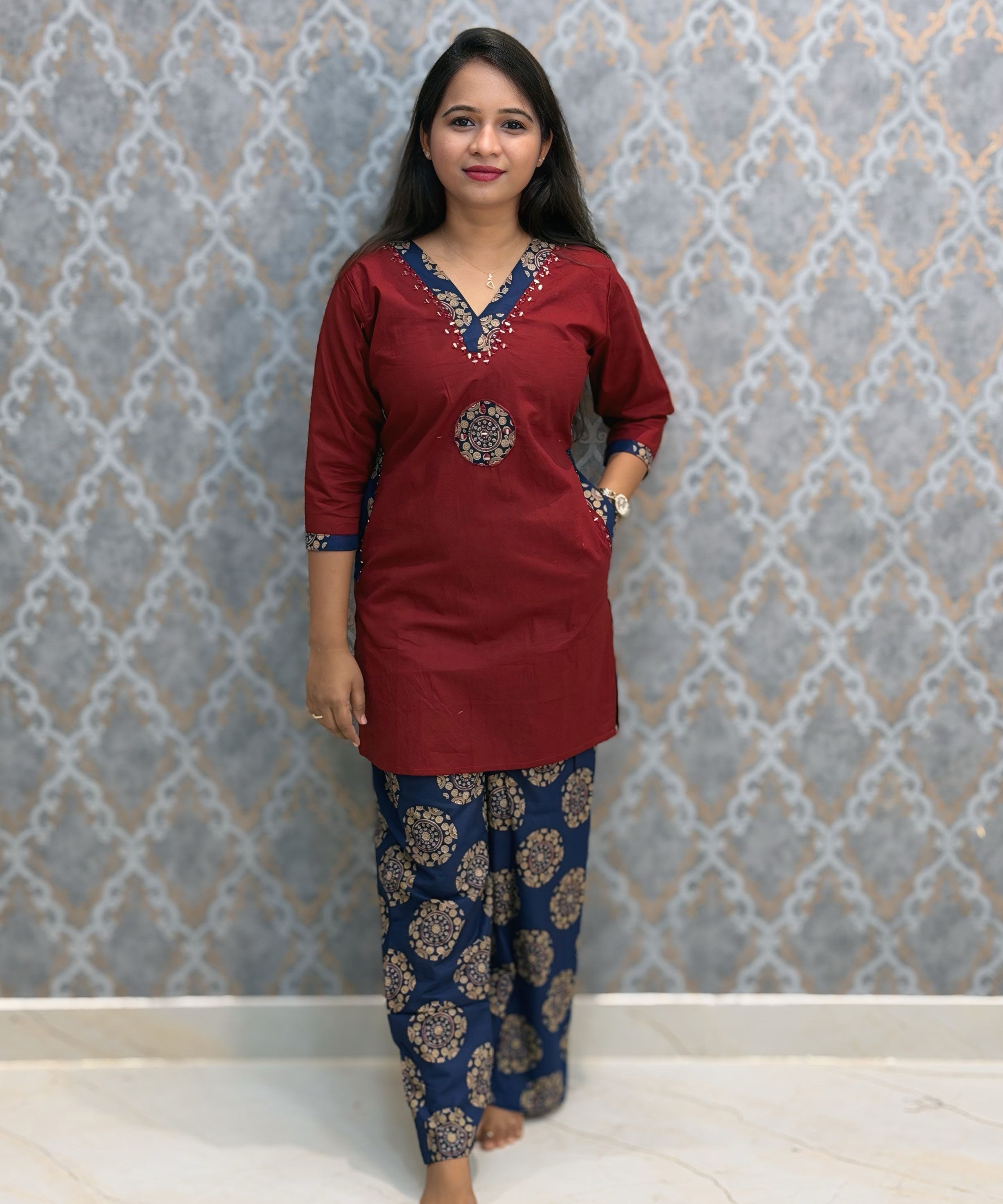 Maroon and Blue Color Ajrakh Design Cotton Short Top Coord Set / ESS403