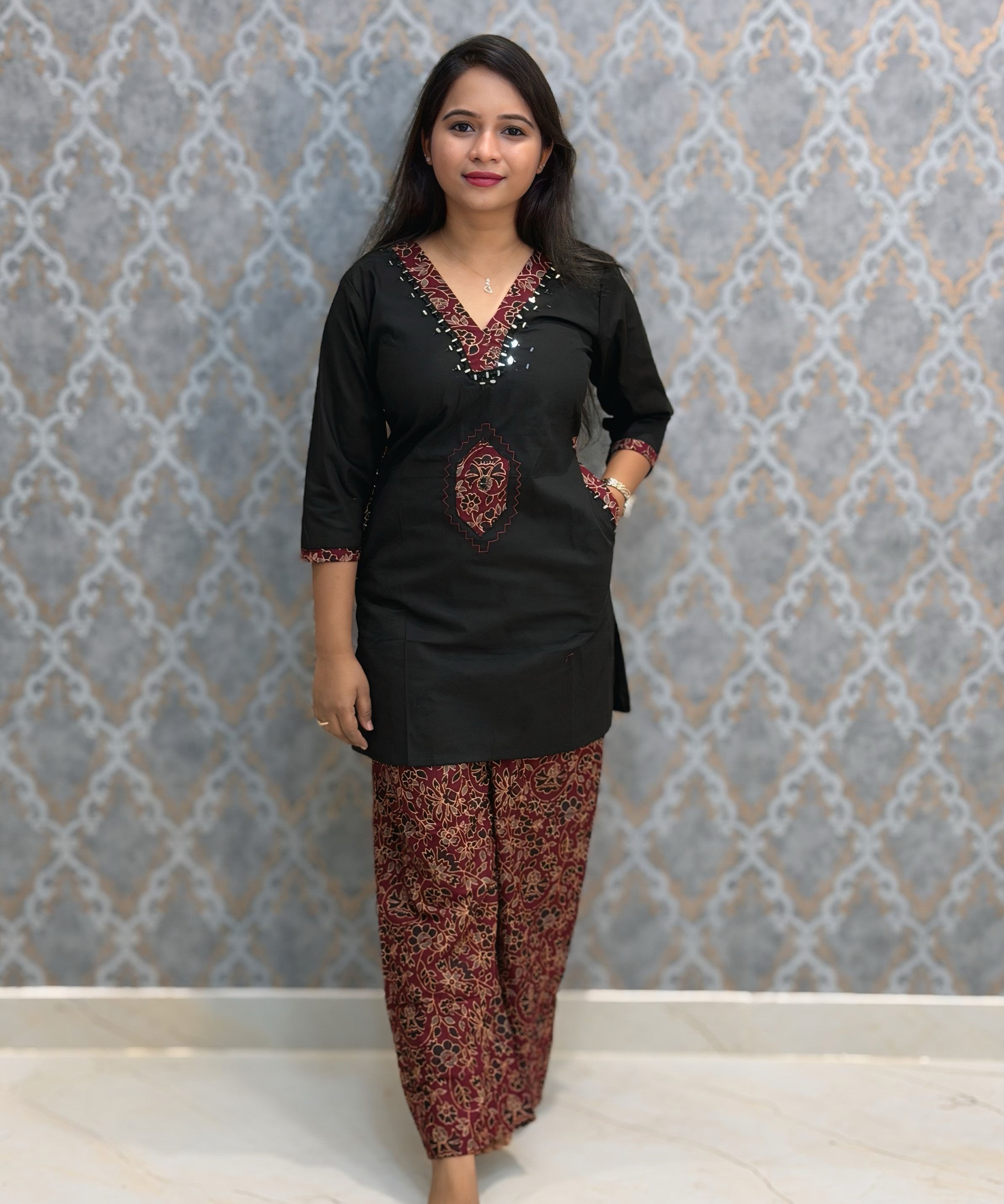 Black and Maroon Color Ajrakh Design Cotton Short Top Coord Set / ESS403