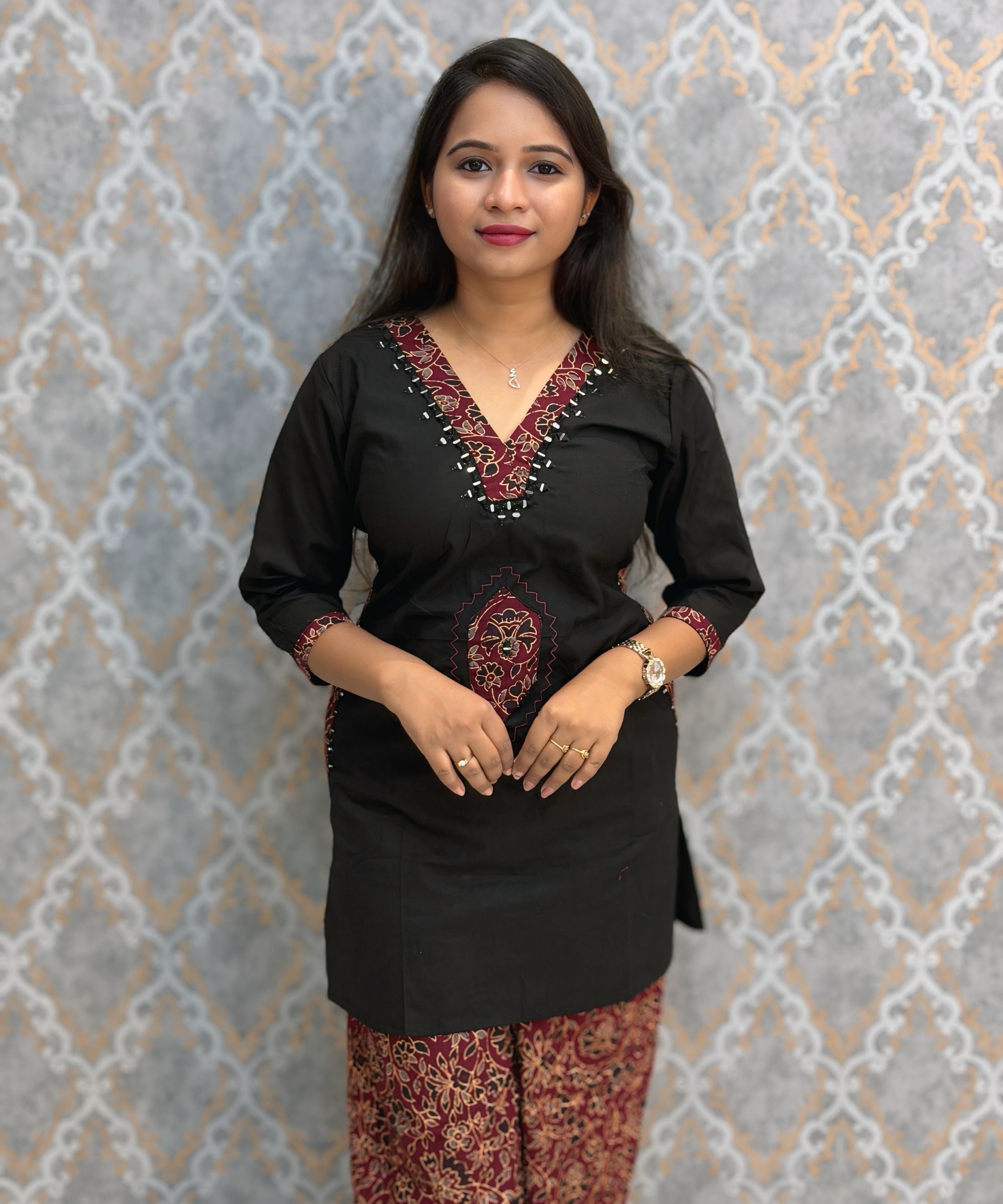 Black and Maroon Color Ajrakh Design Cotton Short Top Coord Set / ESS403