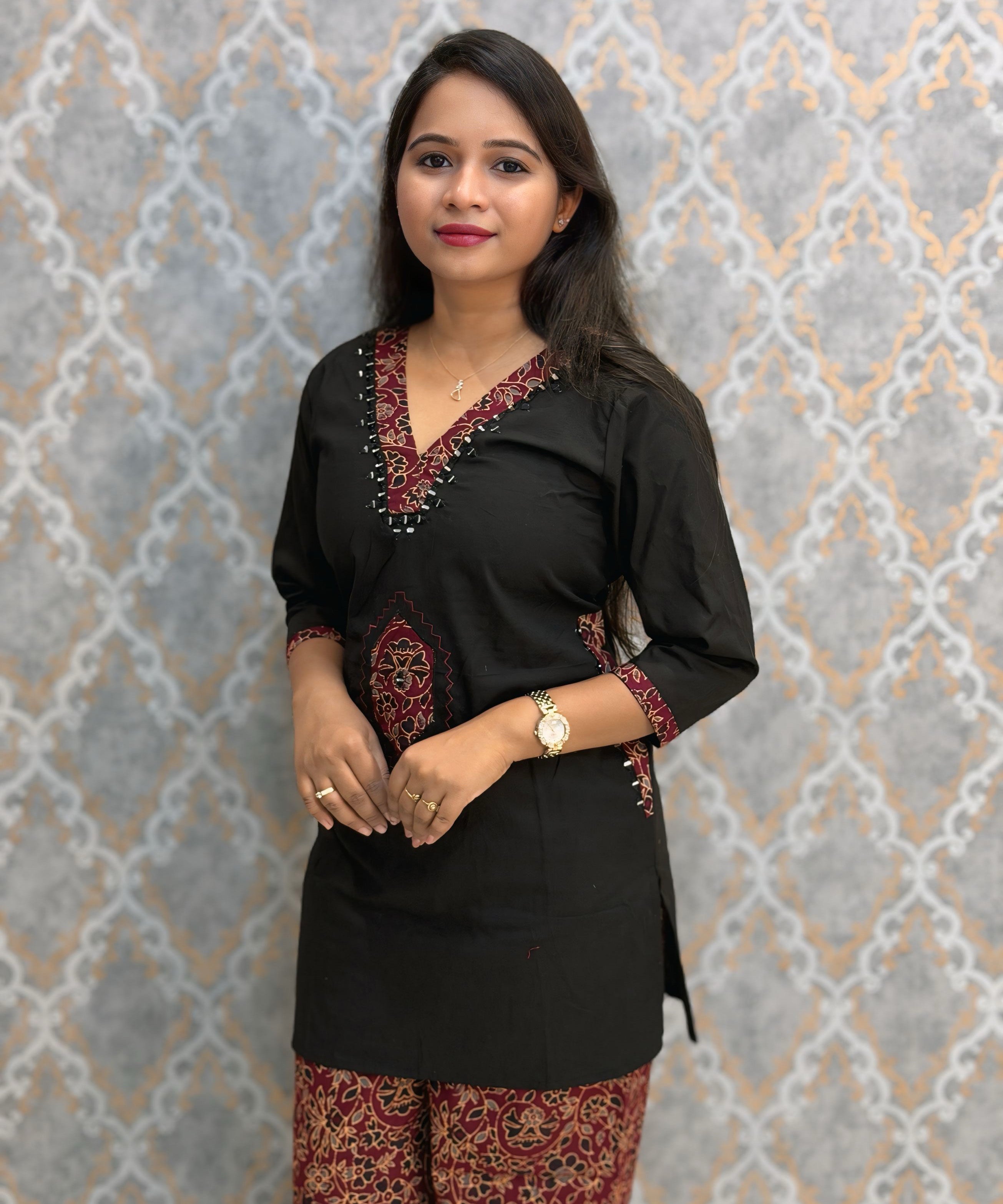 Black and Maroon Color Ajrakh Design Cotton Short Top Coord Set / ESS403