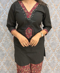 Black and Maroon Color Ajrakh Design Cotton Short Top Coord Set / ESS403