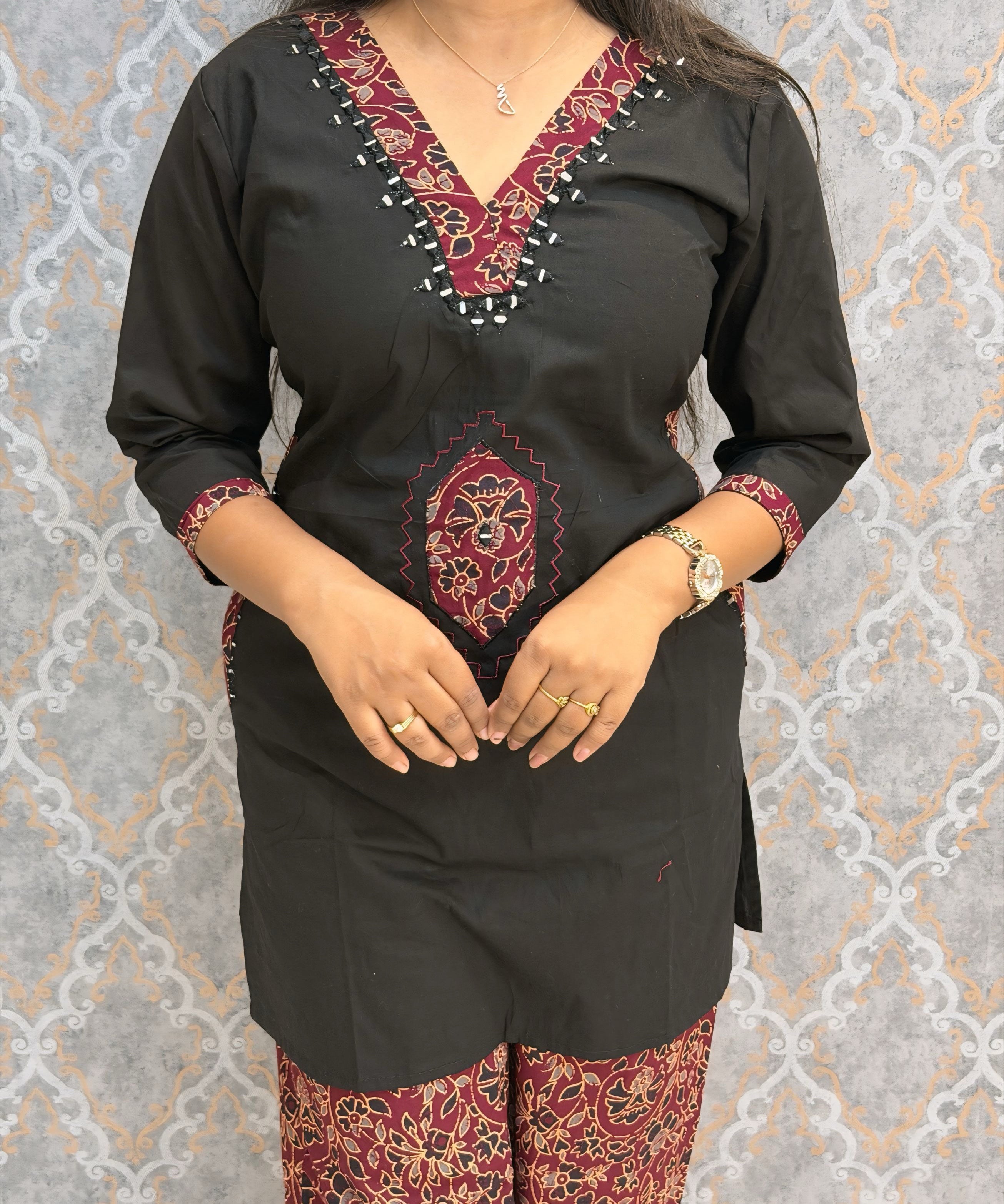 Black and Maroon Color Ajrakh Design Cotton Short Top Coord Set / ESS403