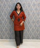 Brick Red and Black Color Ajrakh Design Cotton Short Top Coord Set / ESS403