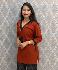 Brick Red and Black Color Ajrakh Design Cotton Short Top Coord Set / ESS403