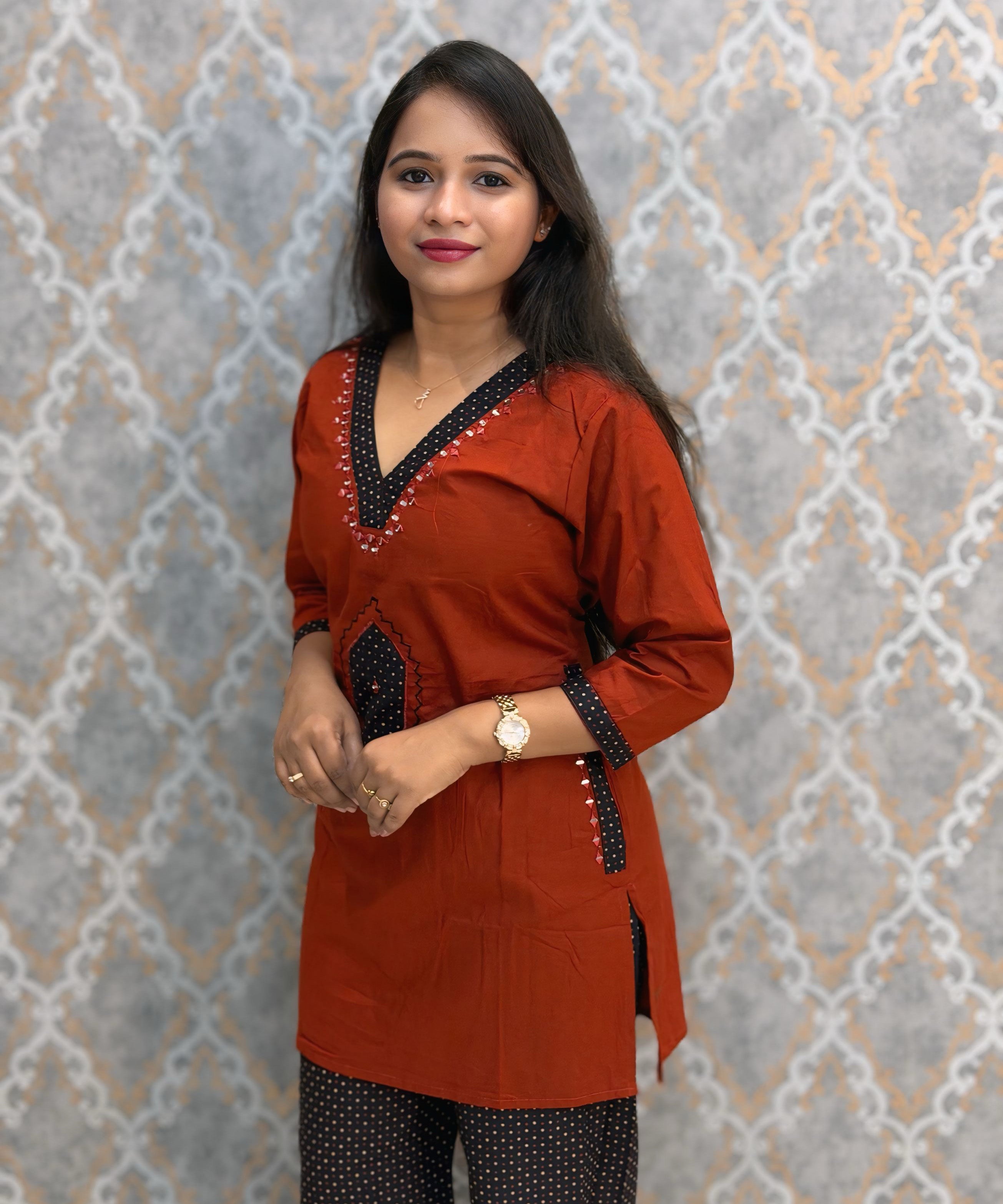 Brick Red and Black Color Ajrakh Design Cotton Short Top Coord Set / ESS403