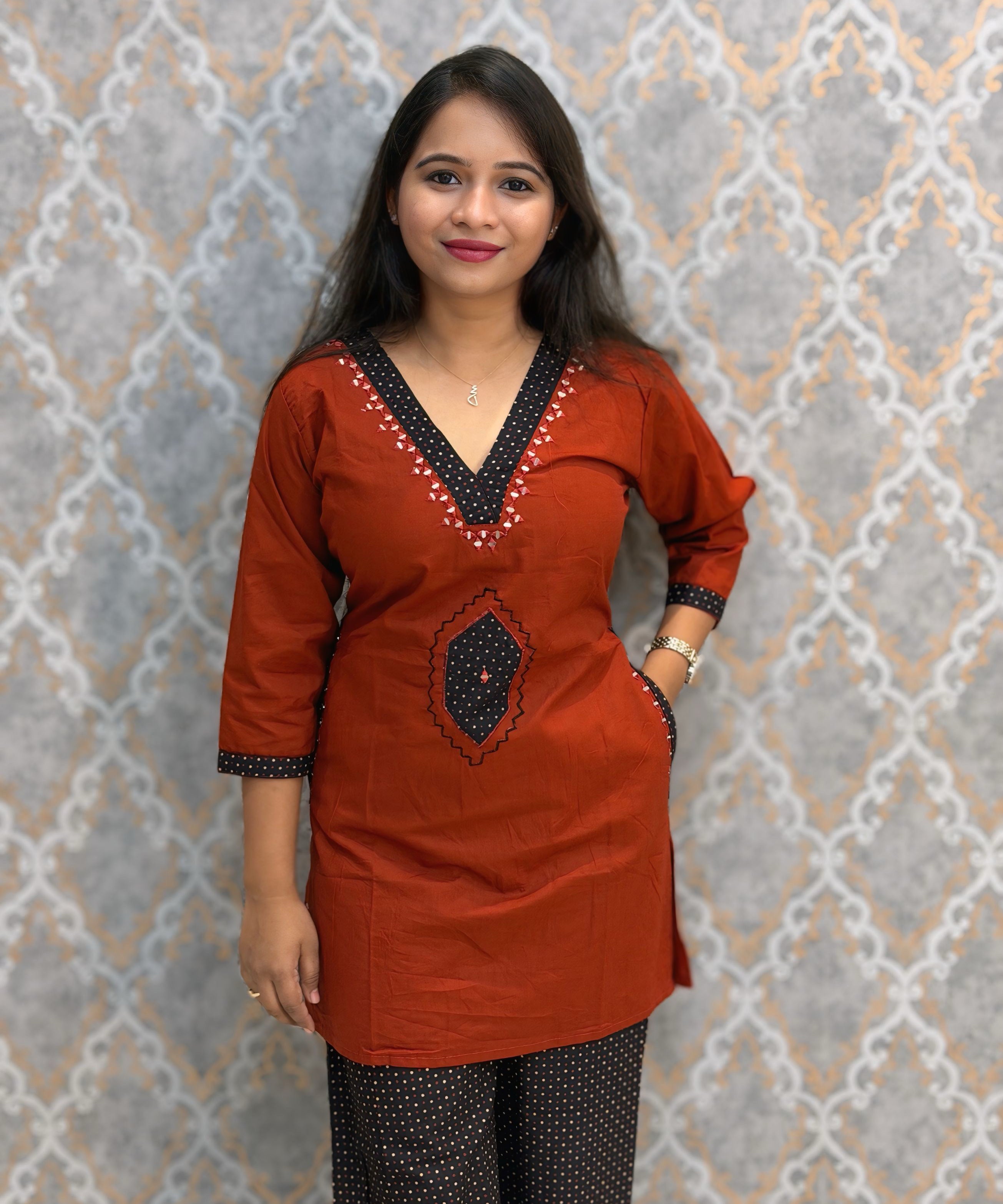 Brick Red and Black Color Ajrakh Design Cotton Short Top Coord Set / ESS403
