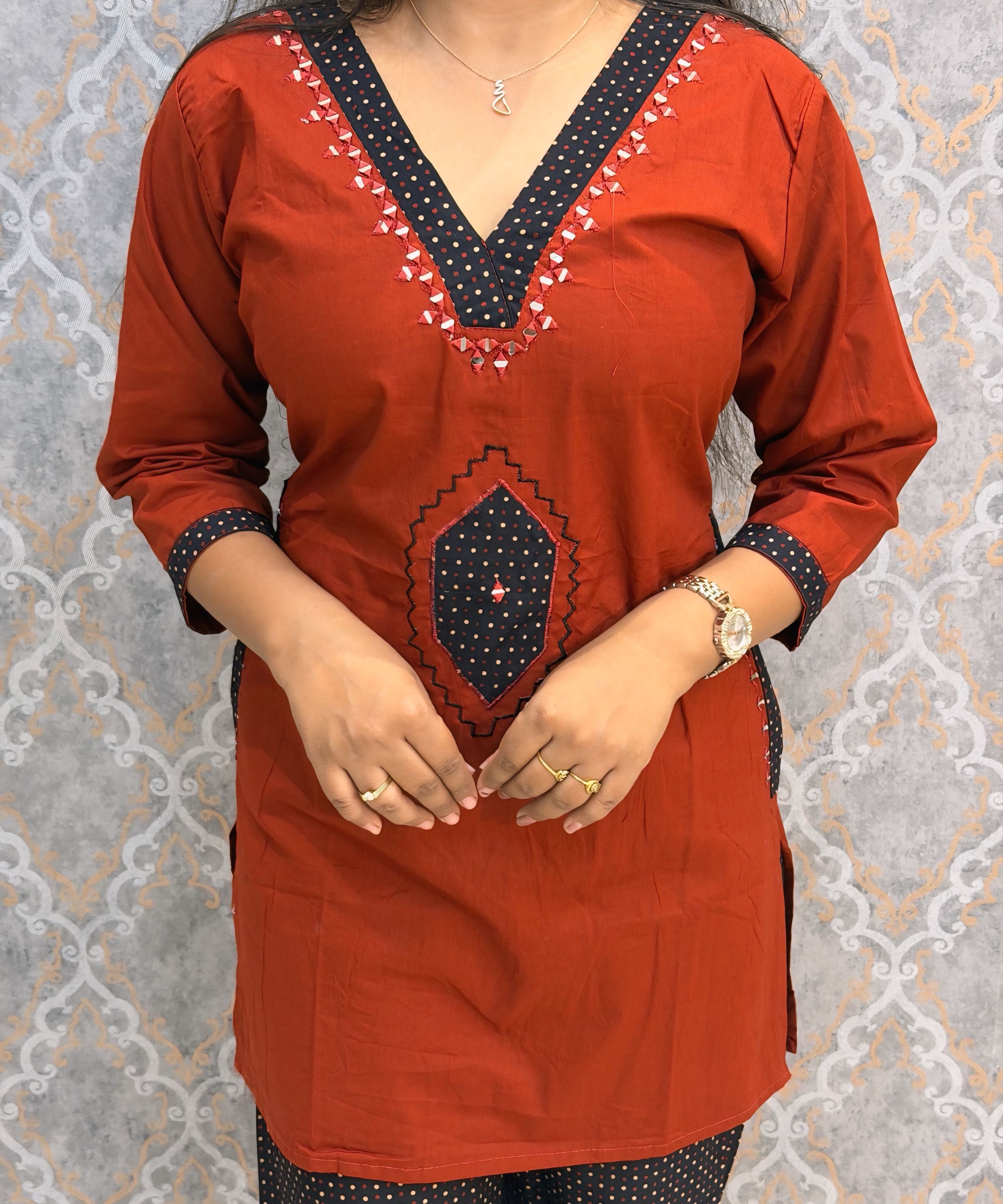 Brick Red and Black Color Ajrakh Design Cotton Short Top Coord Set / ESS403