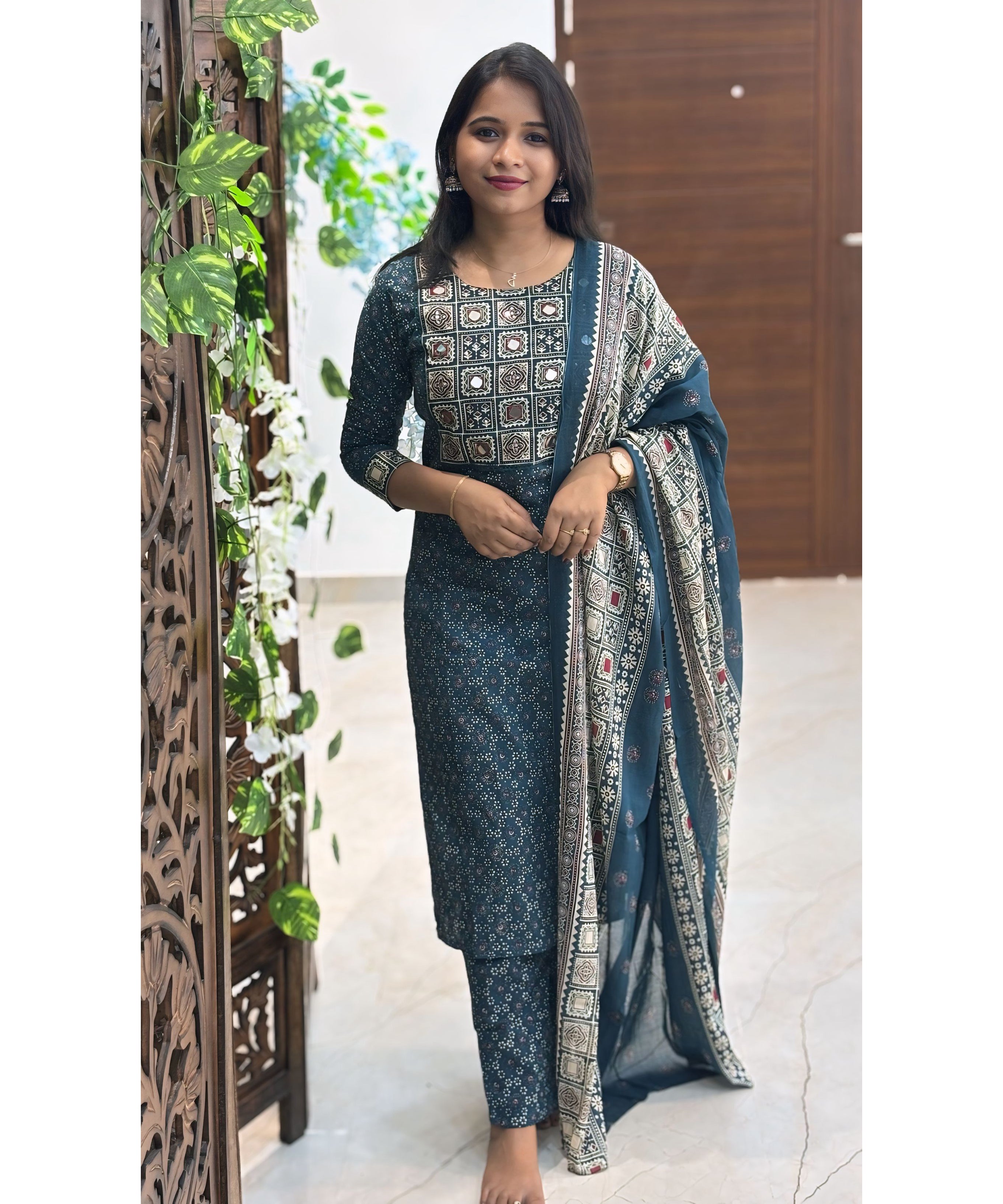 Rama Green Color Ajrakh Inspired Premium Cotton Salwar Set with Pocket / ESS299