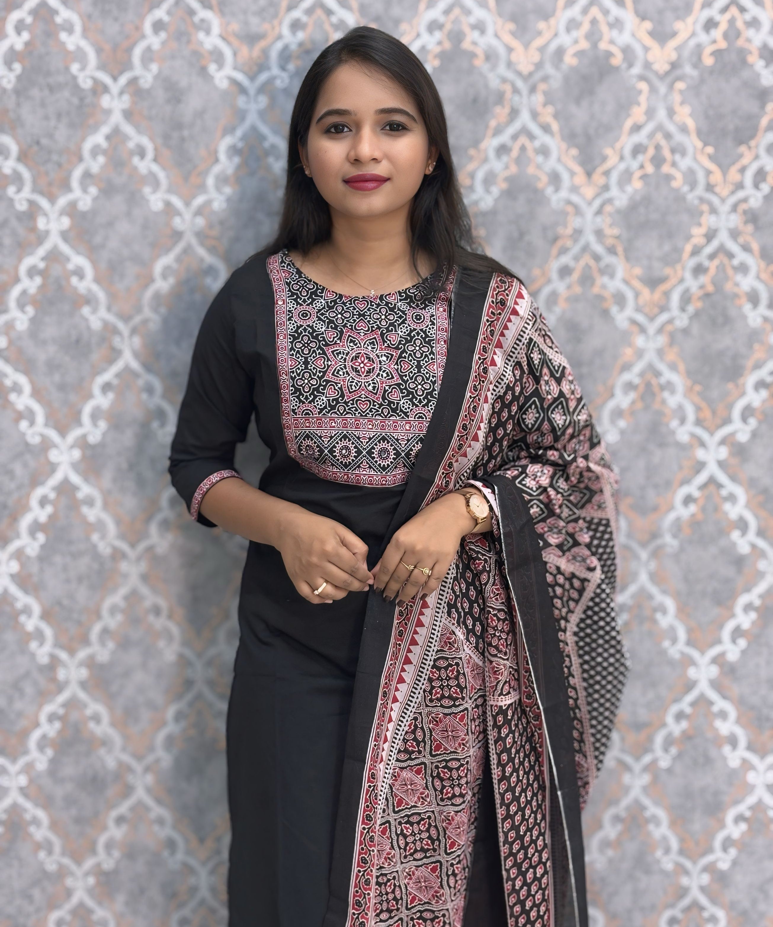 Black Color Ajrakh Print Cotton 3 Piece Salwar Set  /  ESS369