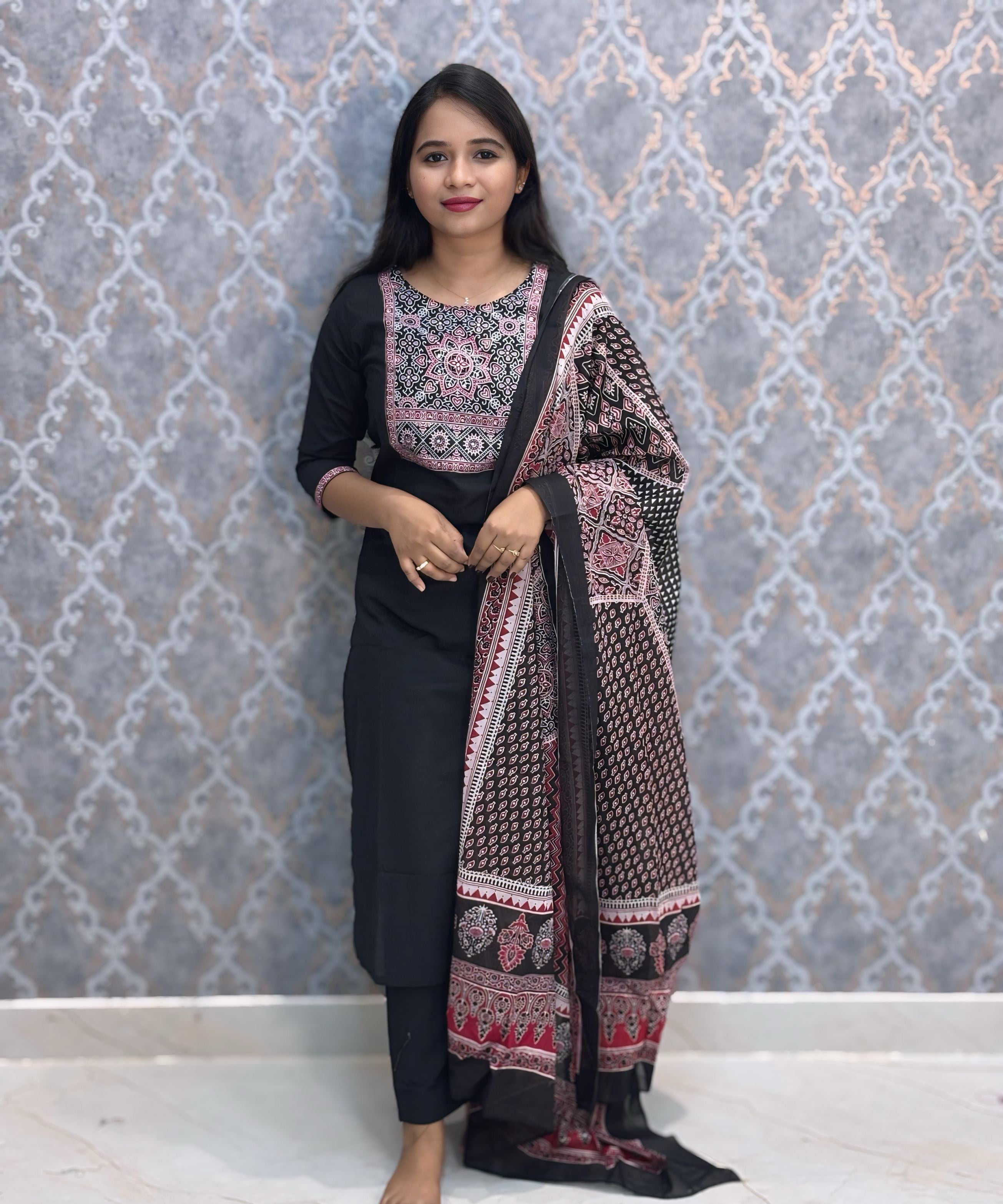 Black Color Ajrakh Print Cotton 3 Piece Salwar Set  /  ESS369