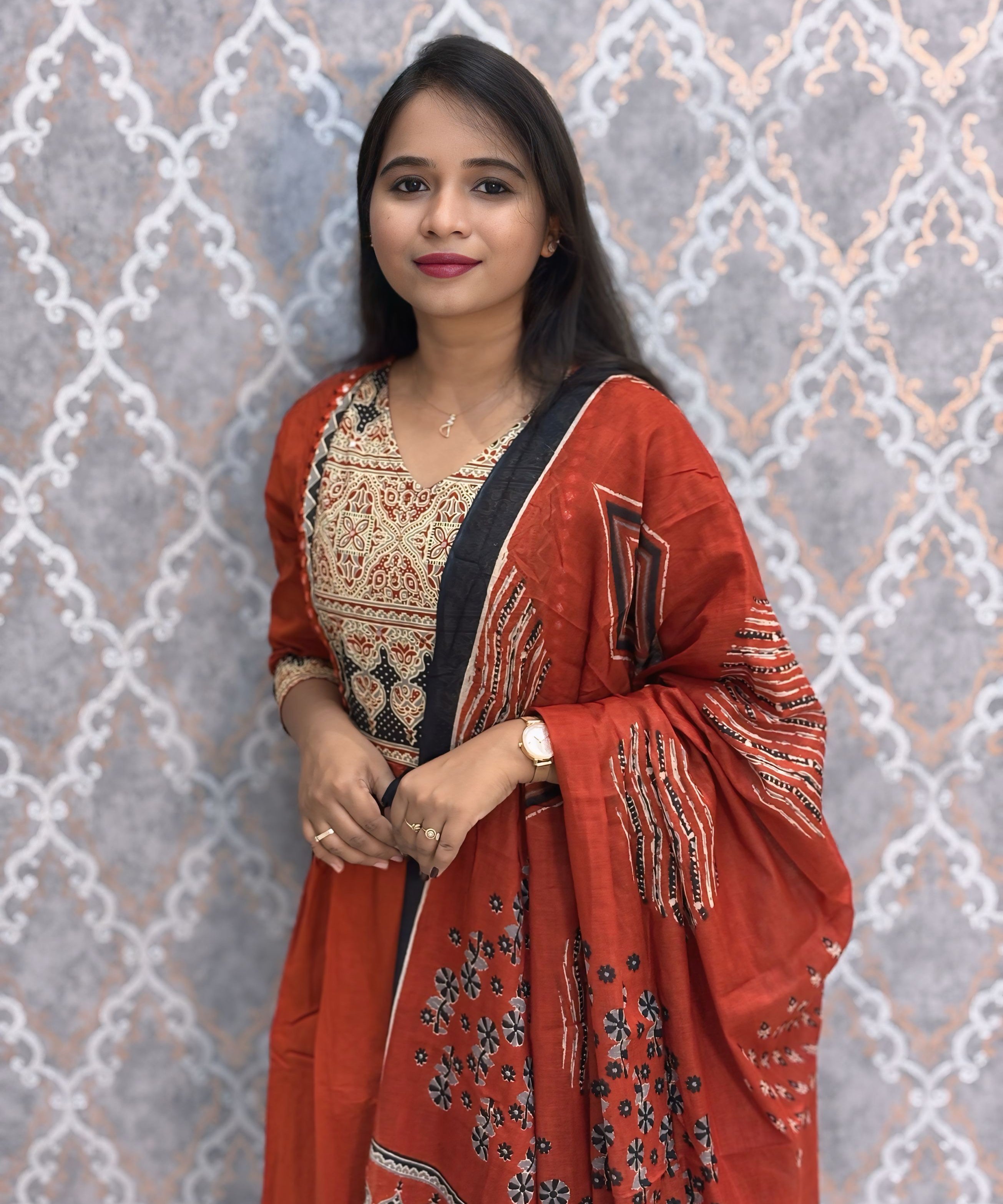 Rust Orange Color Ajrakh Print Cotton 3 Piece Salwar Set  /  ESS369